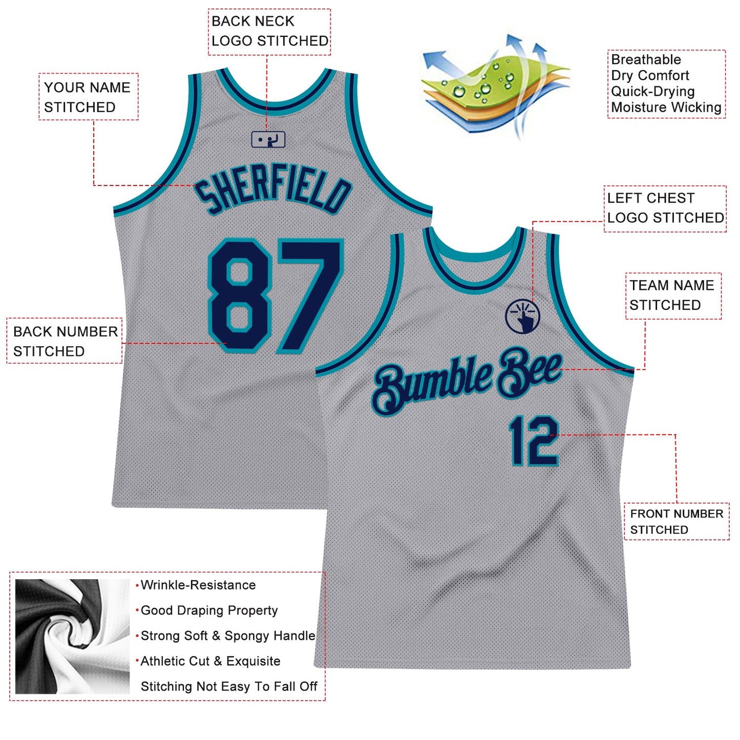 Custom Gray Navy-Teal Authentic Throwback Basketball Jersey view 2