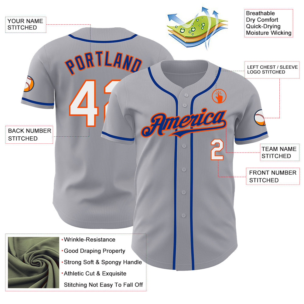 Custom Gray White Orange-Royal Authentic Baseball Jersey view 3