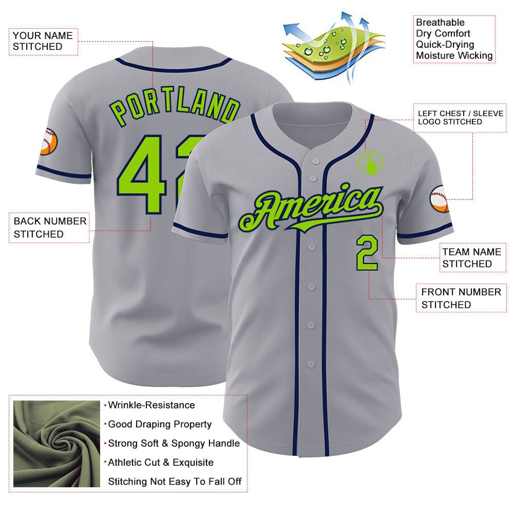 Custom Gray Neon Green-Navy Authentic Baseball Jersey view 3