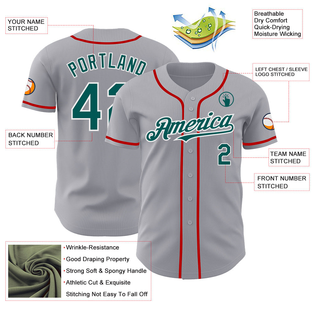 Custom Gray Midnight Green White-Red Authentic Baseball Jersey view 3