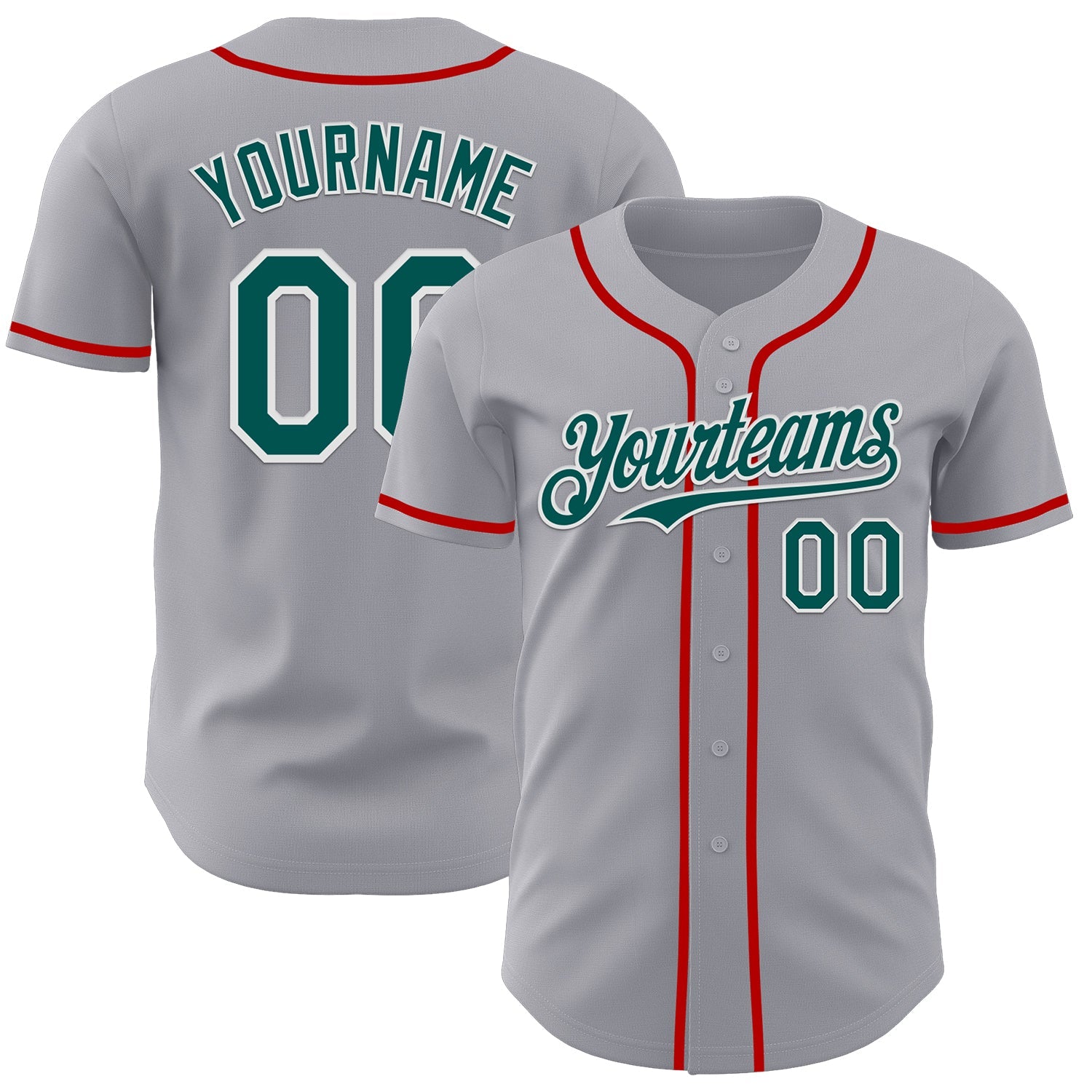 Custom Gray Midnight Green White-Red Authentic Baseball Jersey - Main View