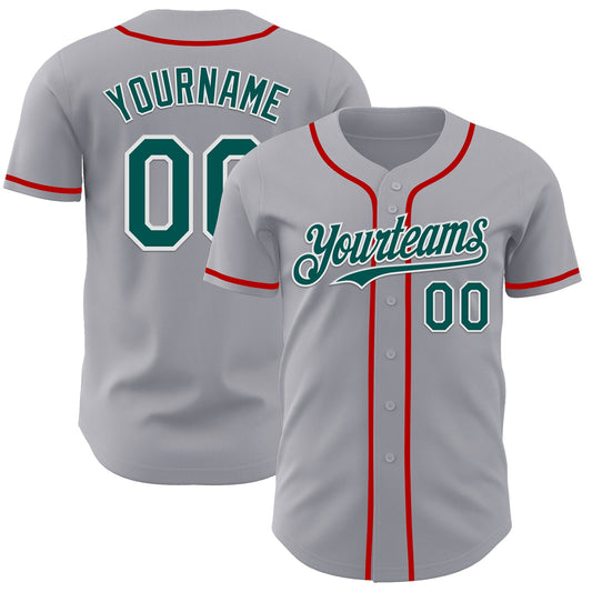 Custom Gray Midnight Green White-Red Authentic Baseball Jersey - Main View