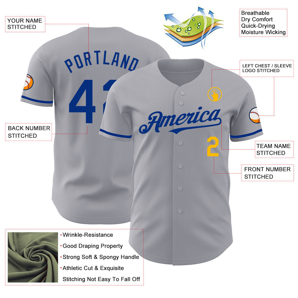Custom Gray Royal-Gold Authentic Baseball Jersey view 3