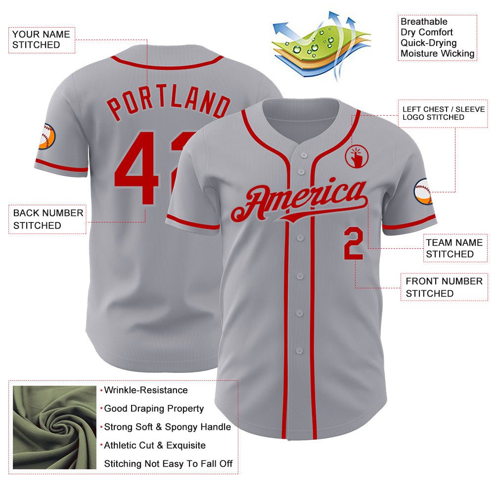 Custom Gray Red Authentic Baseball Jersey view 3