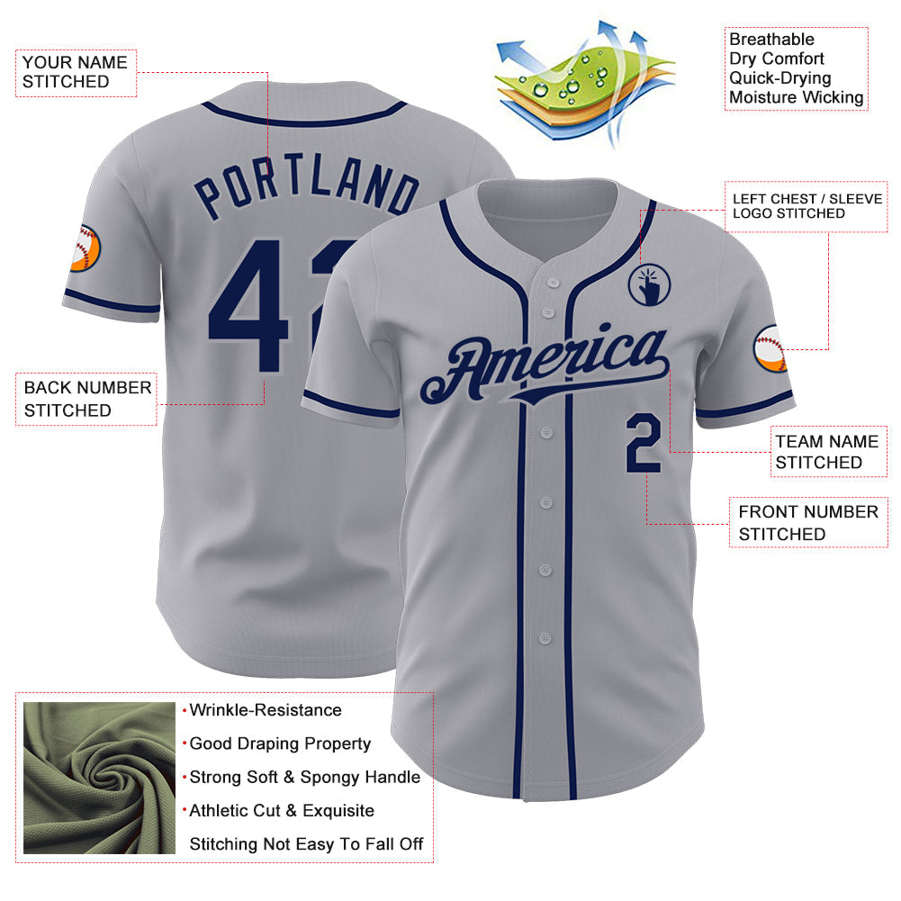 Custom Gray Navy Authentic Baseball Jersey view 3