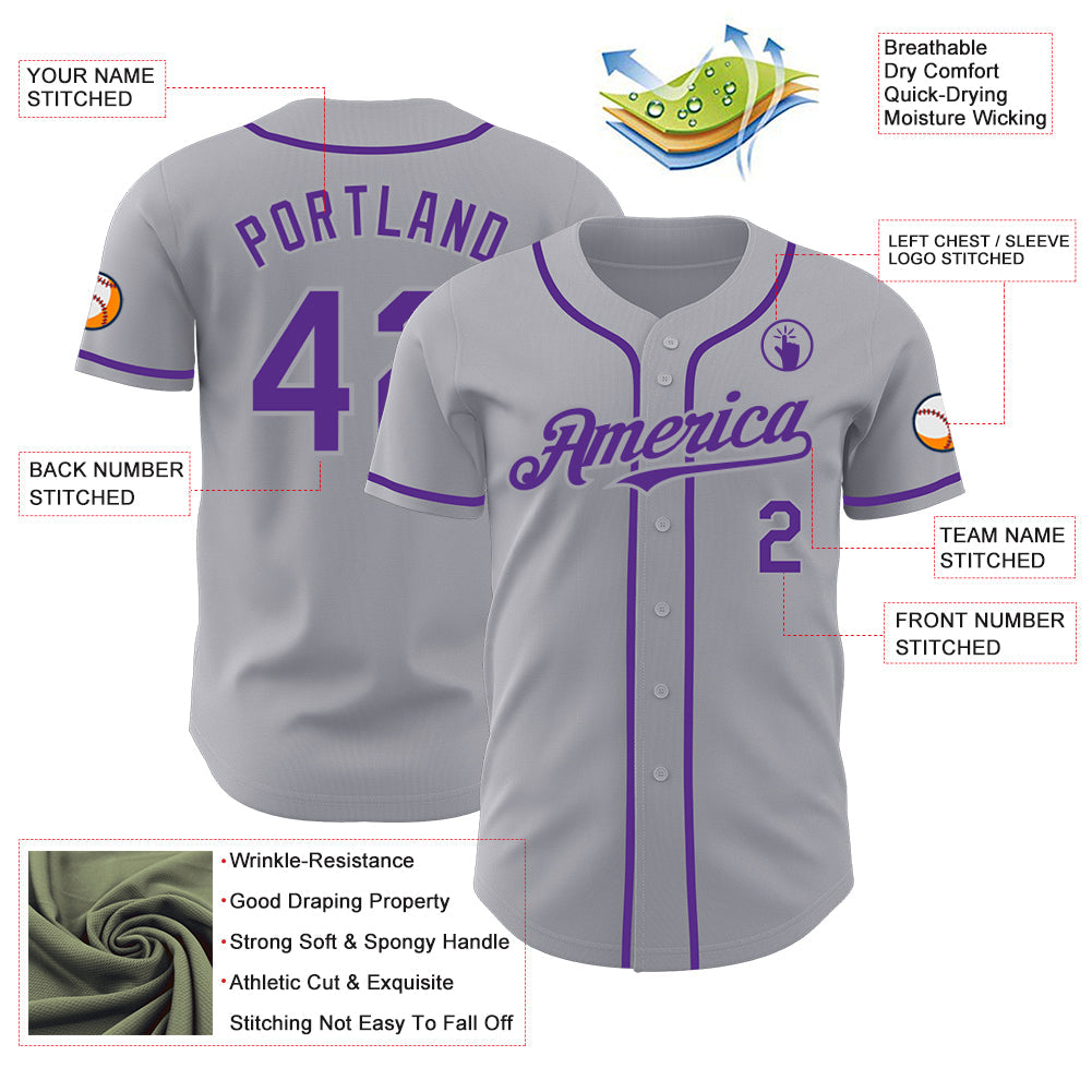 Custom Gray Purple Authentic Baseball Jersey view 3