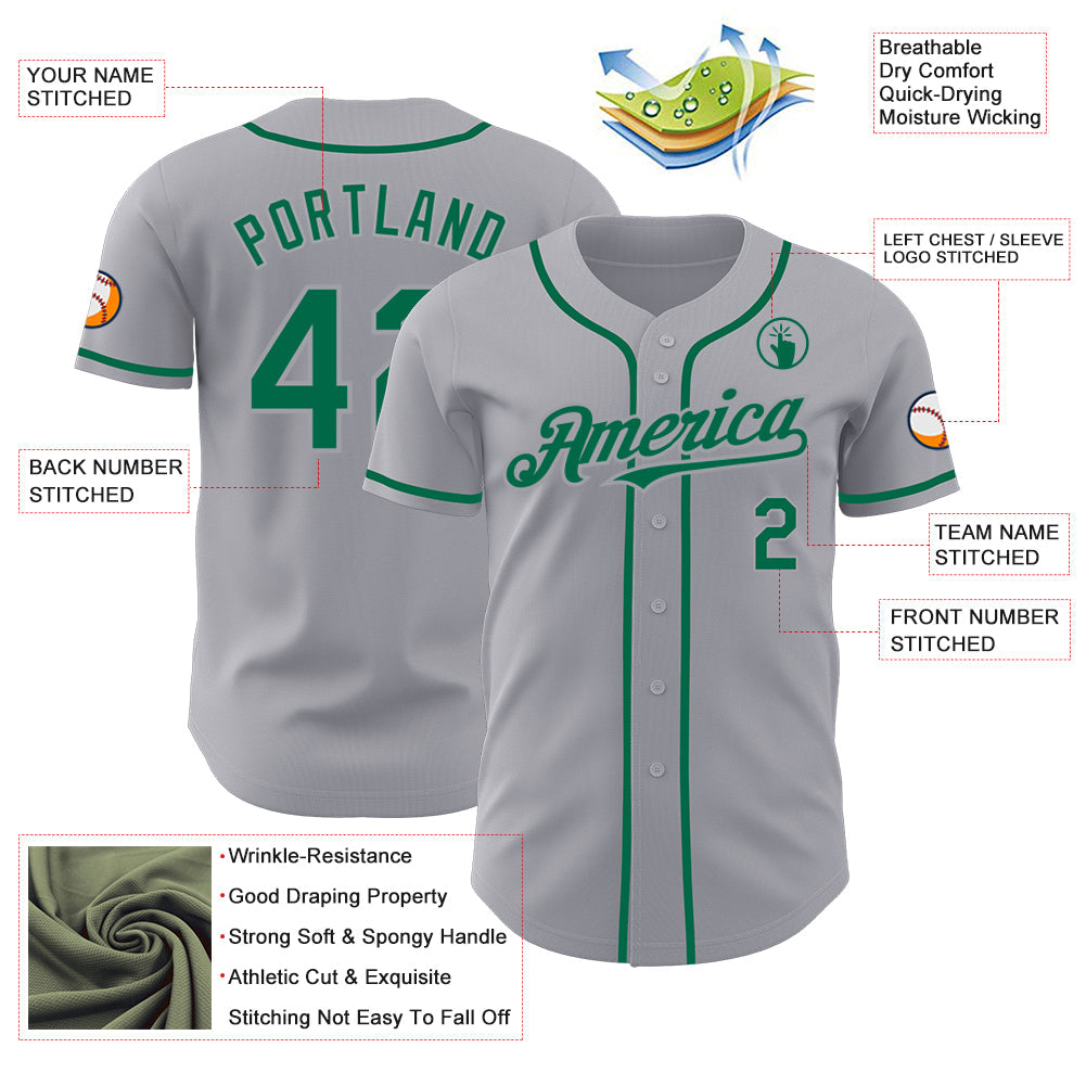 Custom Gray Kelly Green Authentic Baseball Jersey view 3