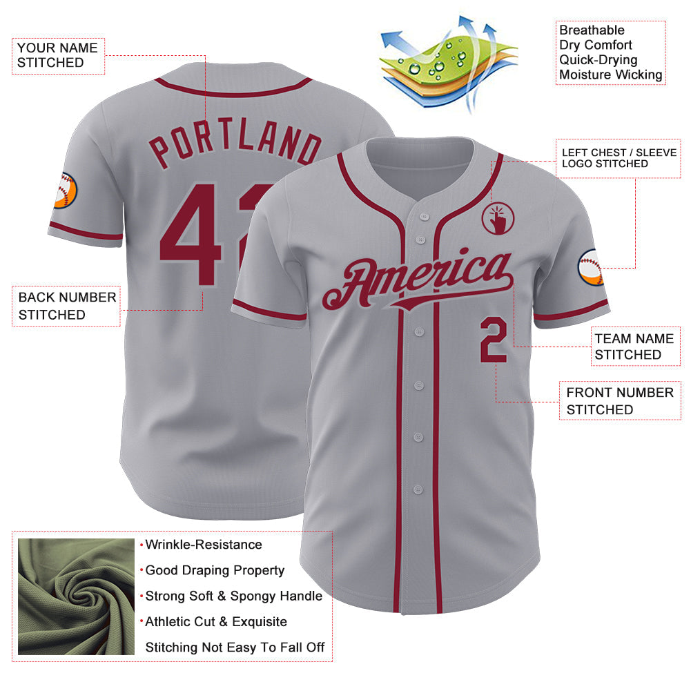 Custom Gray Crimson Authentic Baseball Jersey view 3