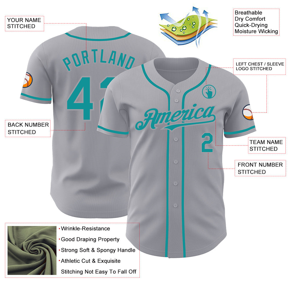 Custom Gray Teal Authentic Baseball Jersey view 3