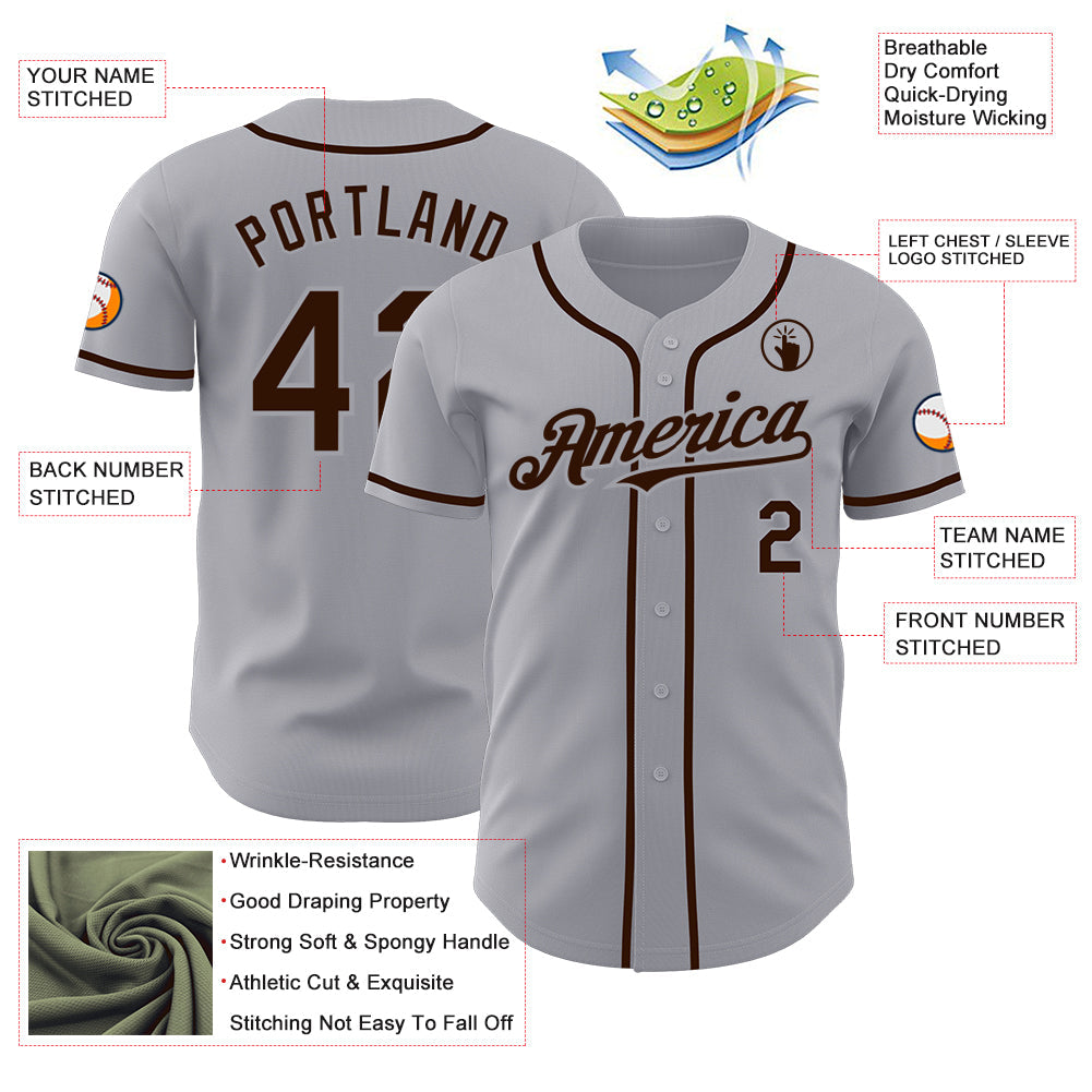 Custom Gray Brown Authentic Baseball Jersey view 3