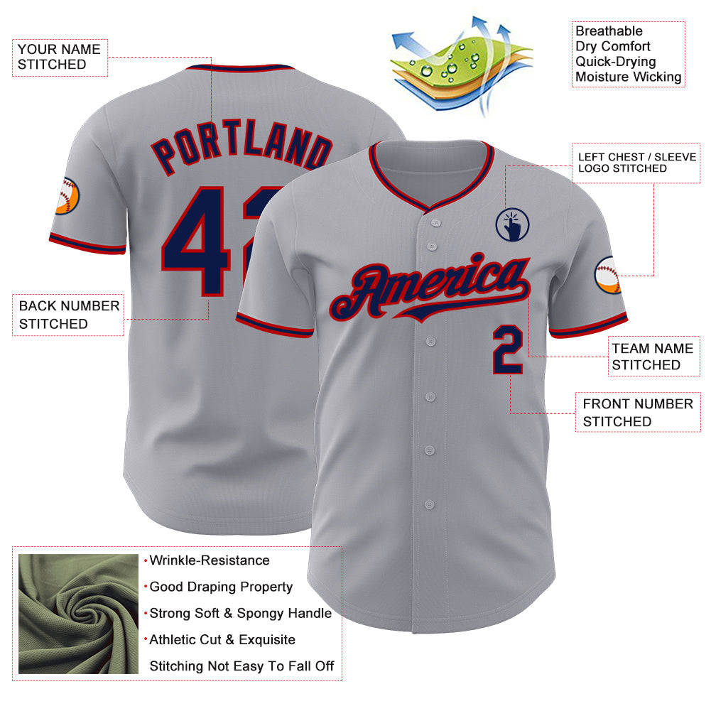 Custom Gray Navy-Red Authentic Baseball Jersey view 3