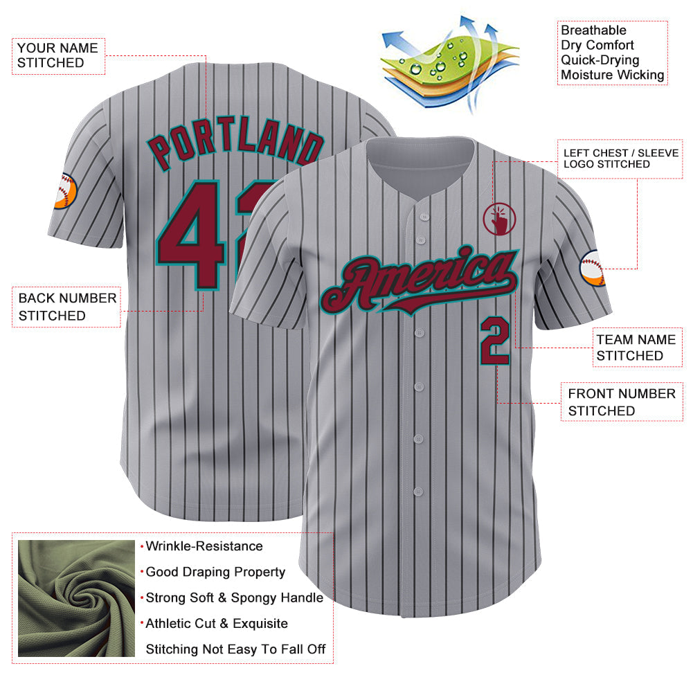 Custom Gray Black Pinstripe Crimson-Teal Authentic Baseball Jersey view 3