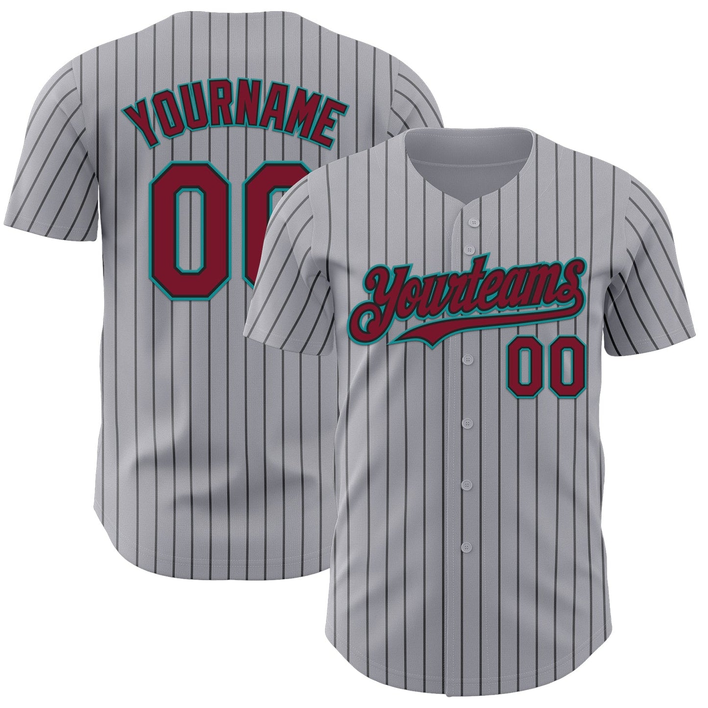 Custom Gray Black Pinstripe Crimson-Teal Authentic Baseball Jersey - Main View