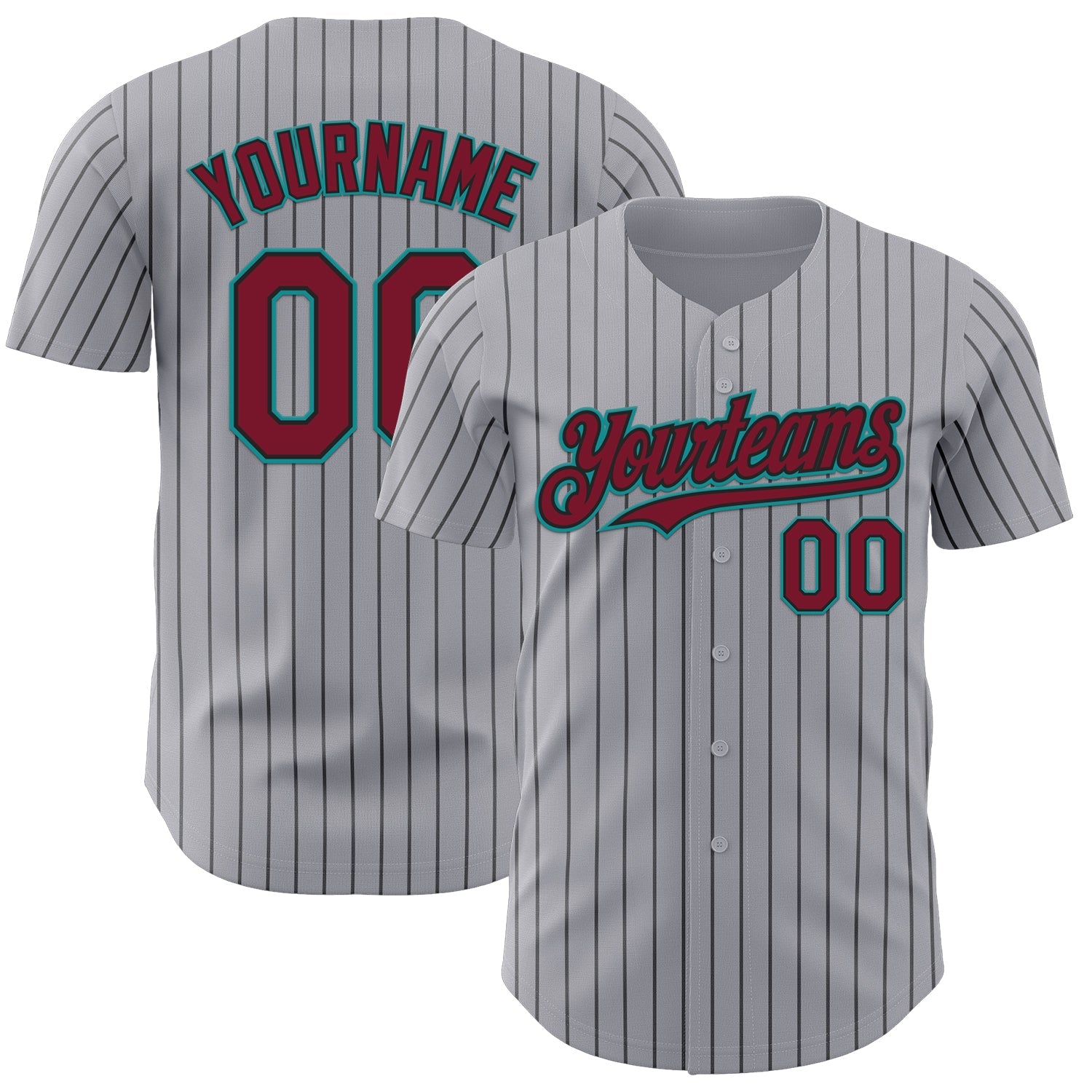 Custom Gray Black Pinstripe Crimson-Teal Authentic Baseball Jersey - Main View