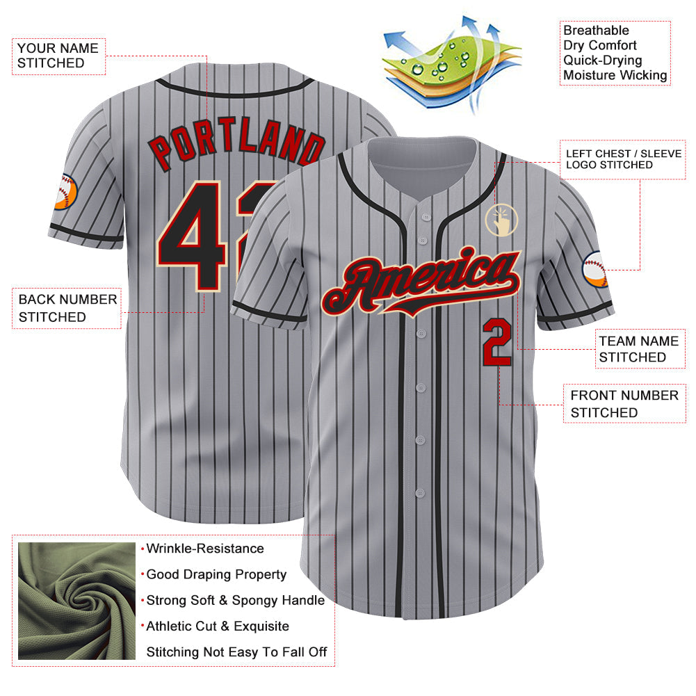 Custom Gray Black Pinstripe Red-Cream Authentic Baseball Jersey view 3