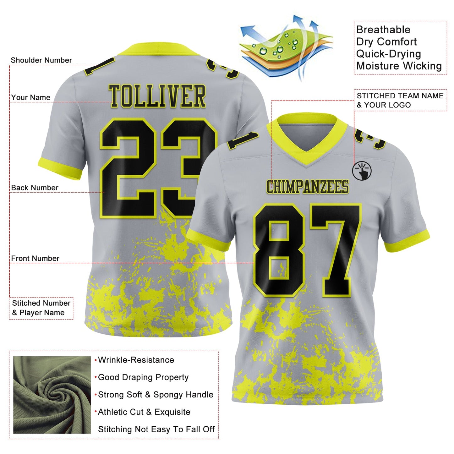 Custom Gray Black-Neon Yellow 3D Pattern Splash Authentic Football Jersey view 3
