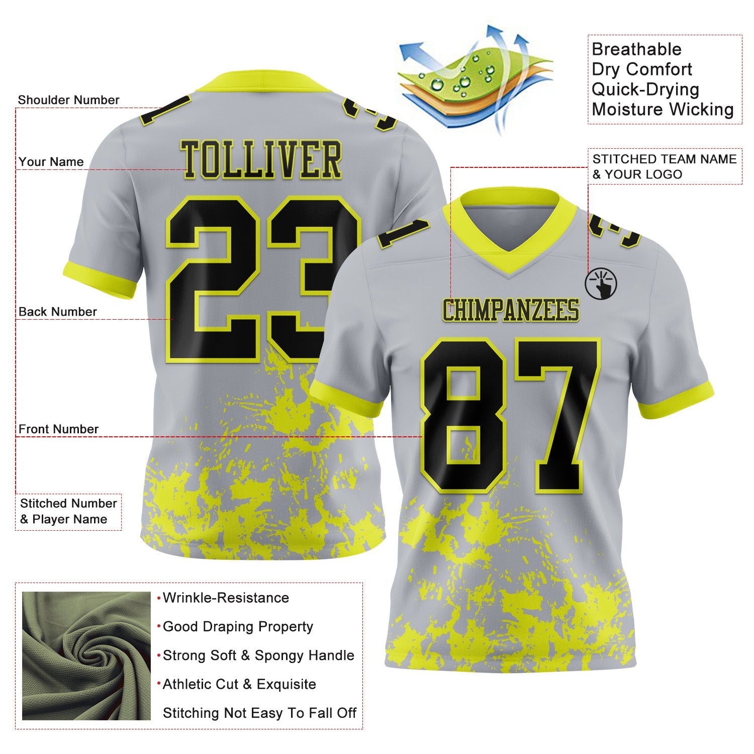 Custom Gray Black-Neon Yellow 3D Pattern Splash Authentic Football Jersey view 3