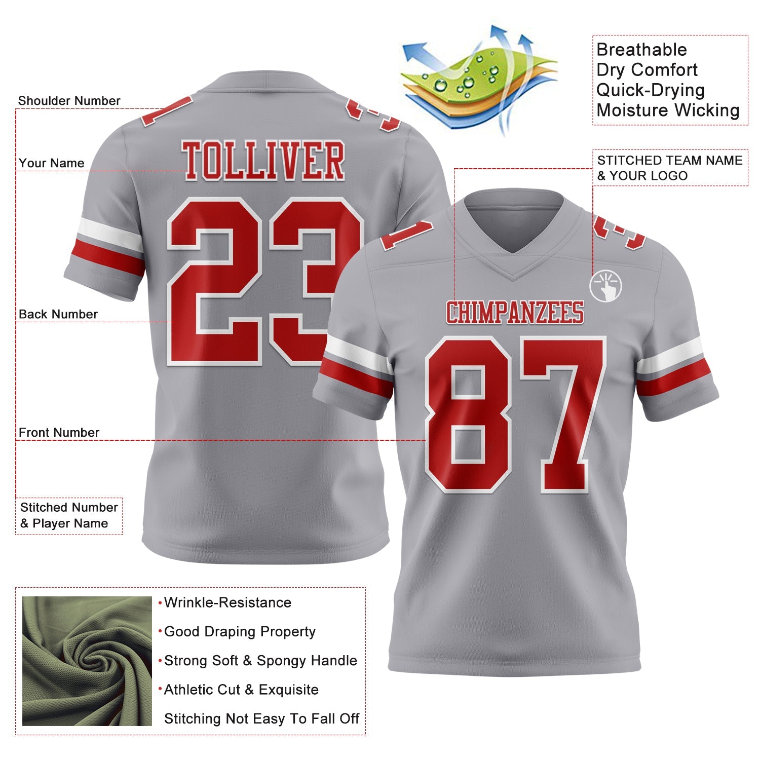 Custom Gray Red-White Authentic Football Jersey view 3