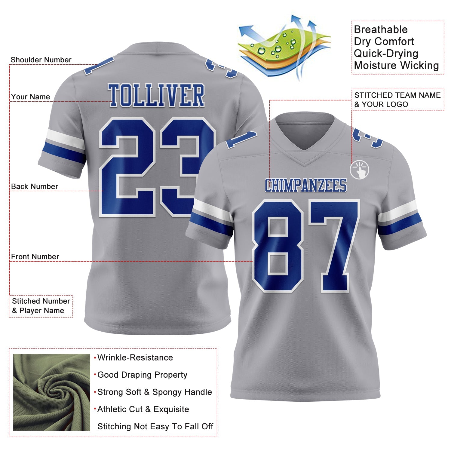 Custom Gray Royal-White Authentic Football Jersey view 3