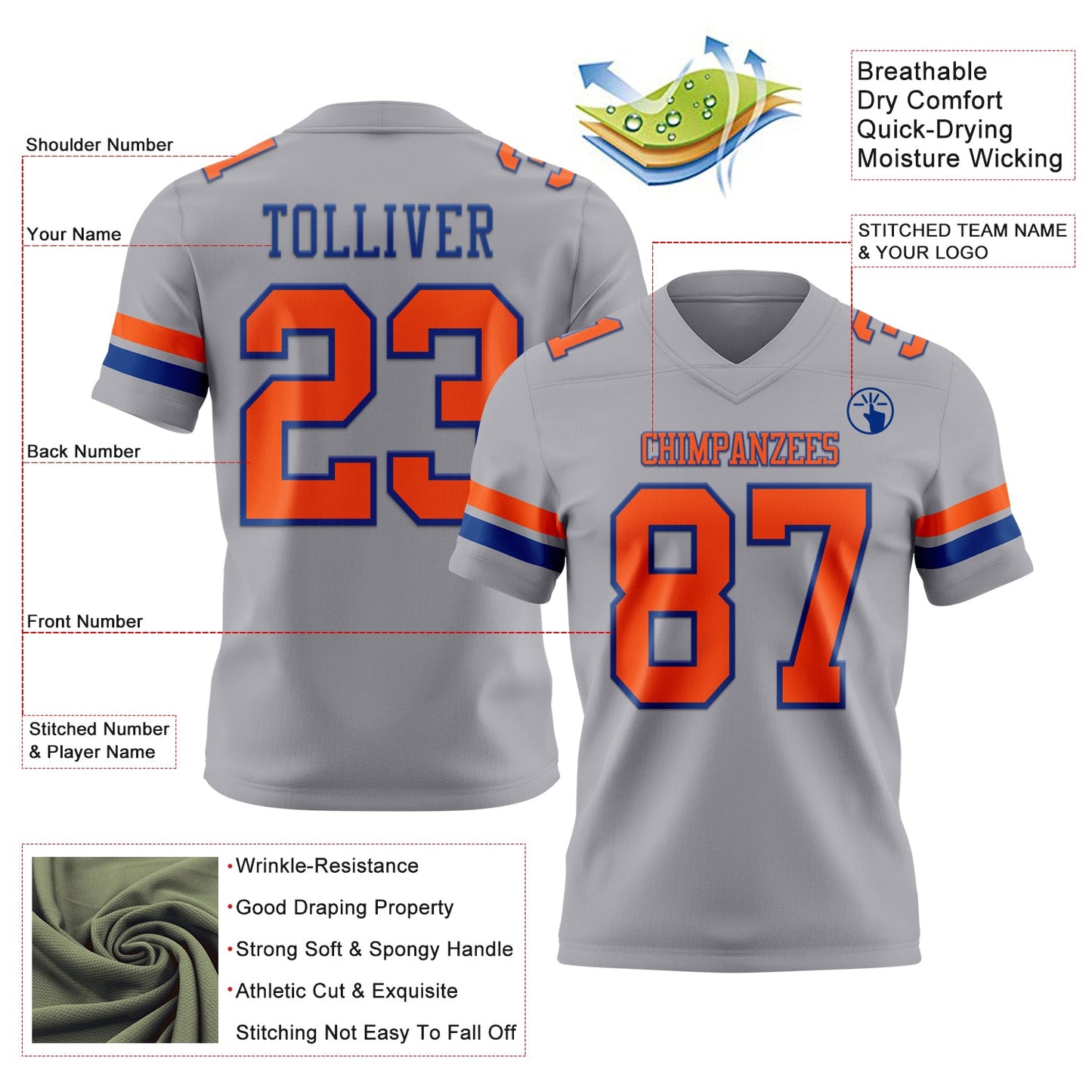 Custom Gray Orange-Royal Authentic Football Jersey view 3