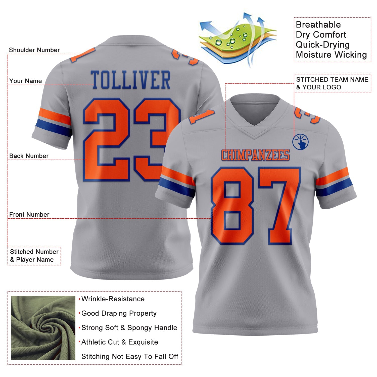 Custom Gray Orange-Royal Authentic Football Jersey view 3