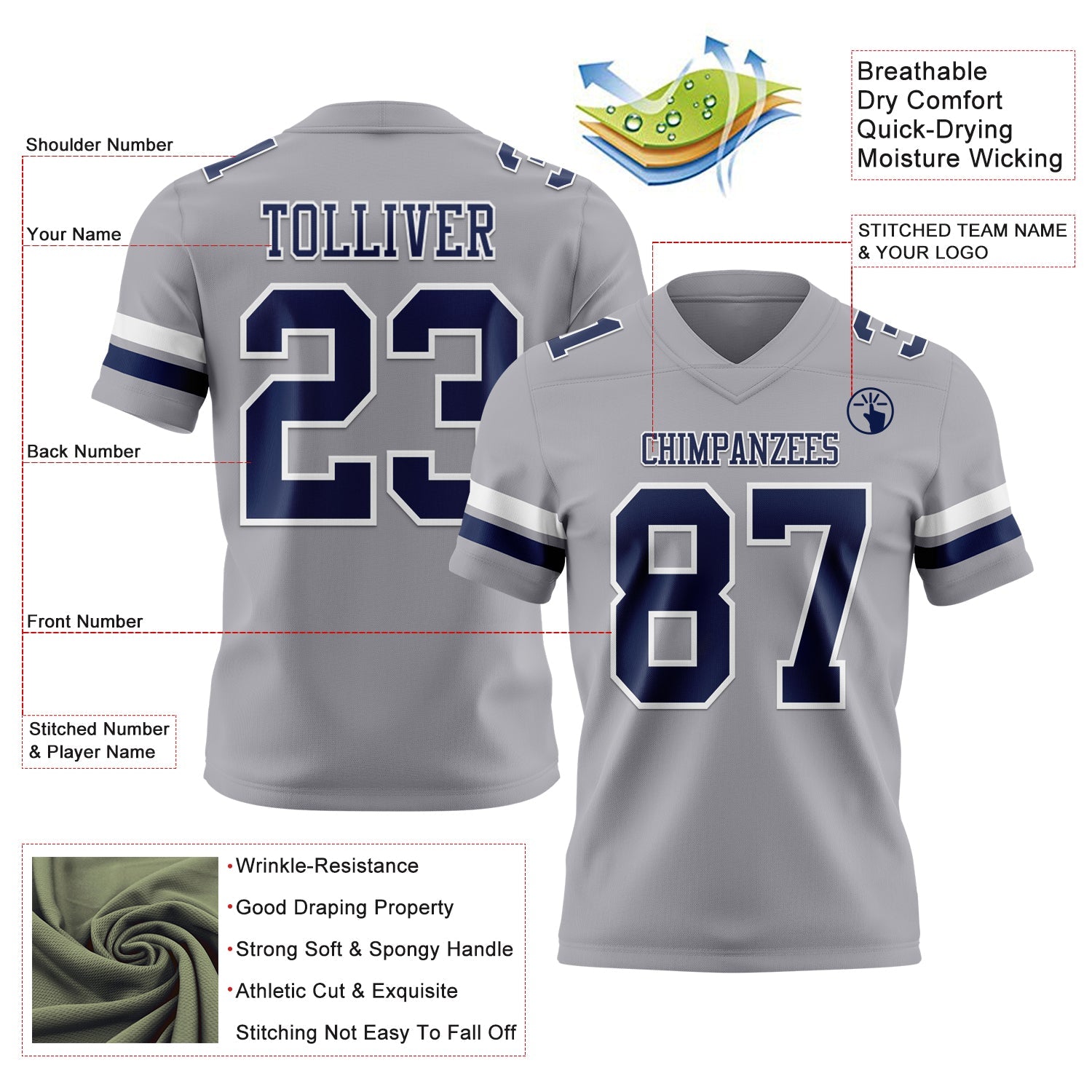 Custom Gray Navy-White Authentic Football Jersey view 3