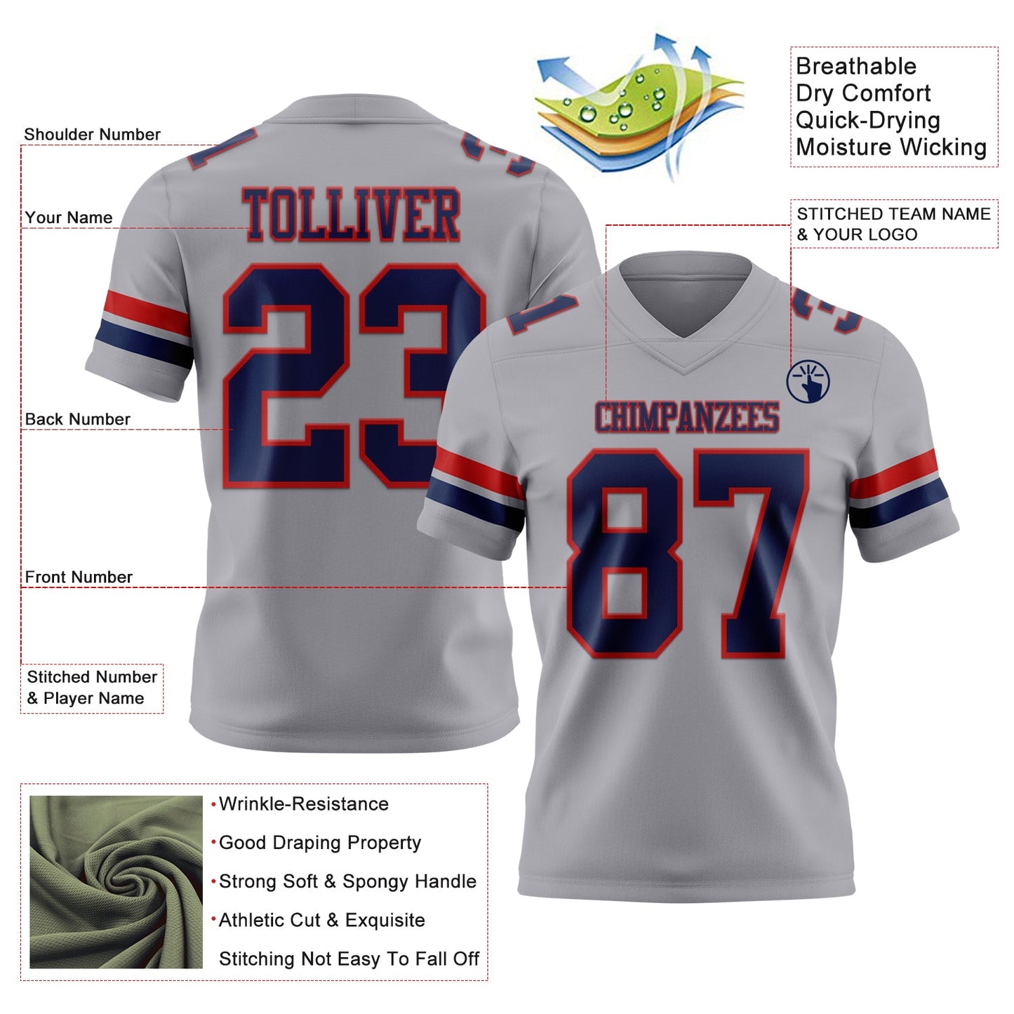 Custom Gray Navy-Red Authentic Football Jersey view 3