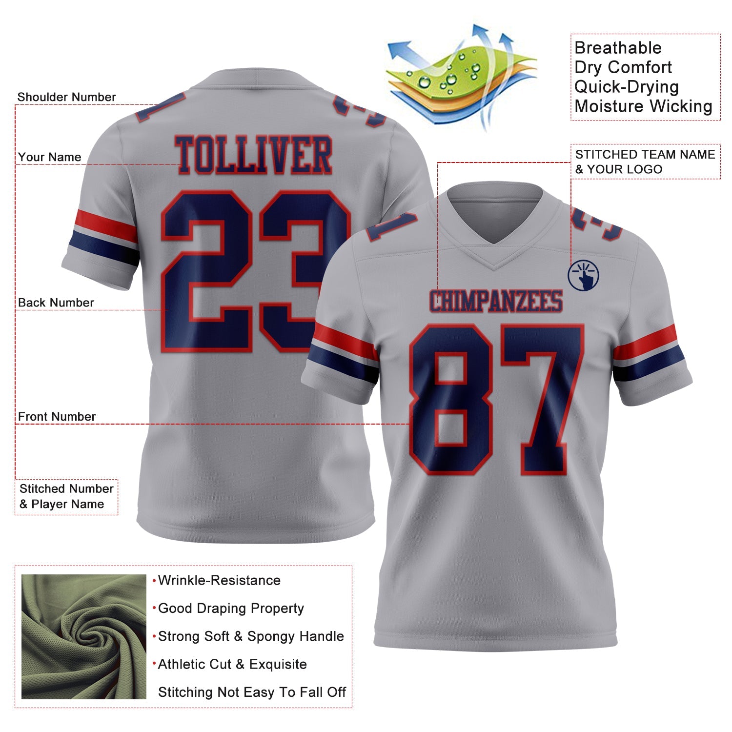 Custom Gray Navy-Red Authentic Football Jersey view 3