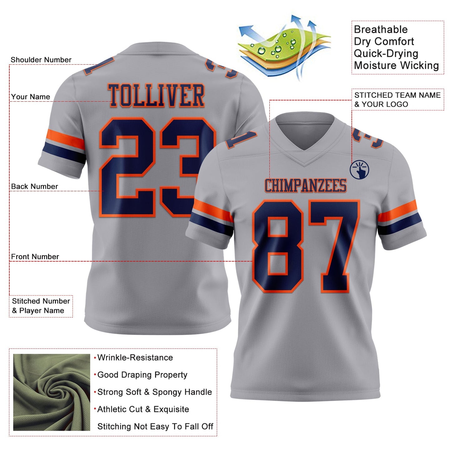 Custom Gray Navy-Orange Authentic Football Jersey view 3