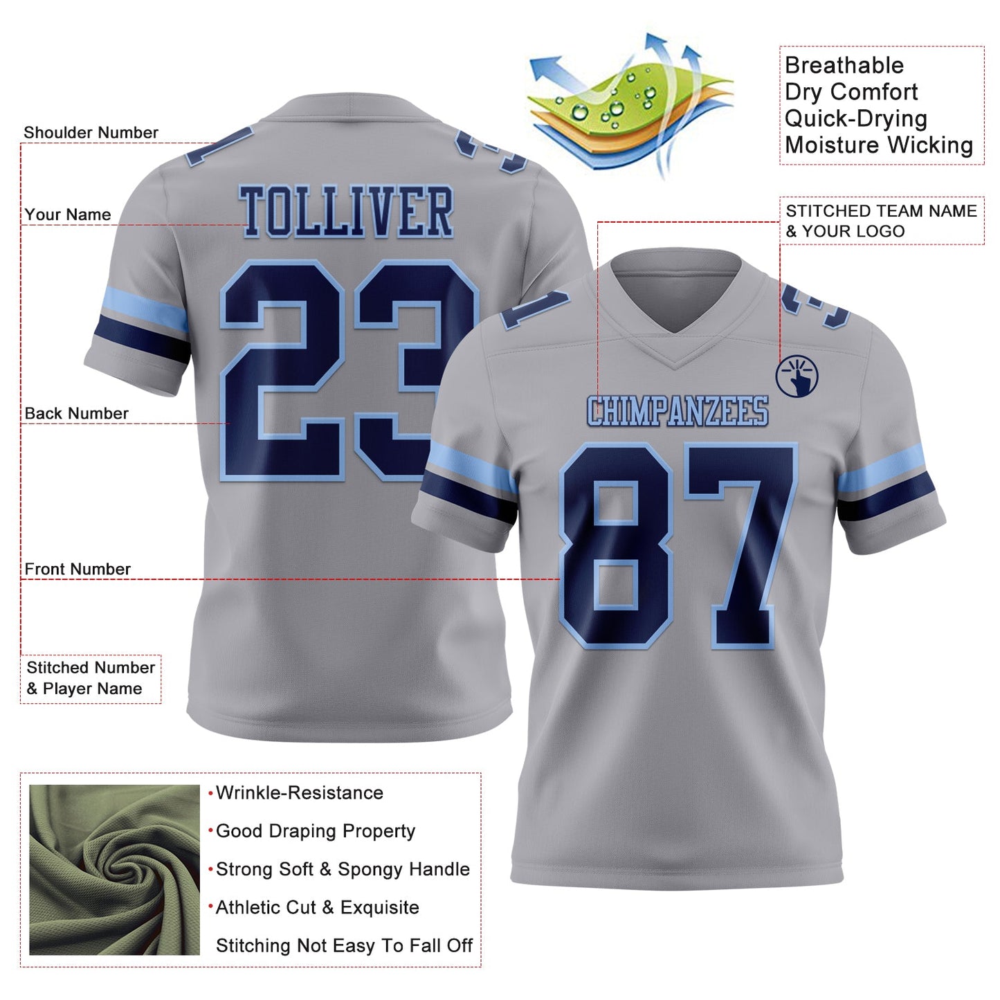 Custom Gray Navy-Light Blue Authentic Football Jersey view 3
