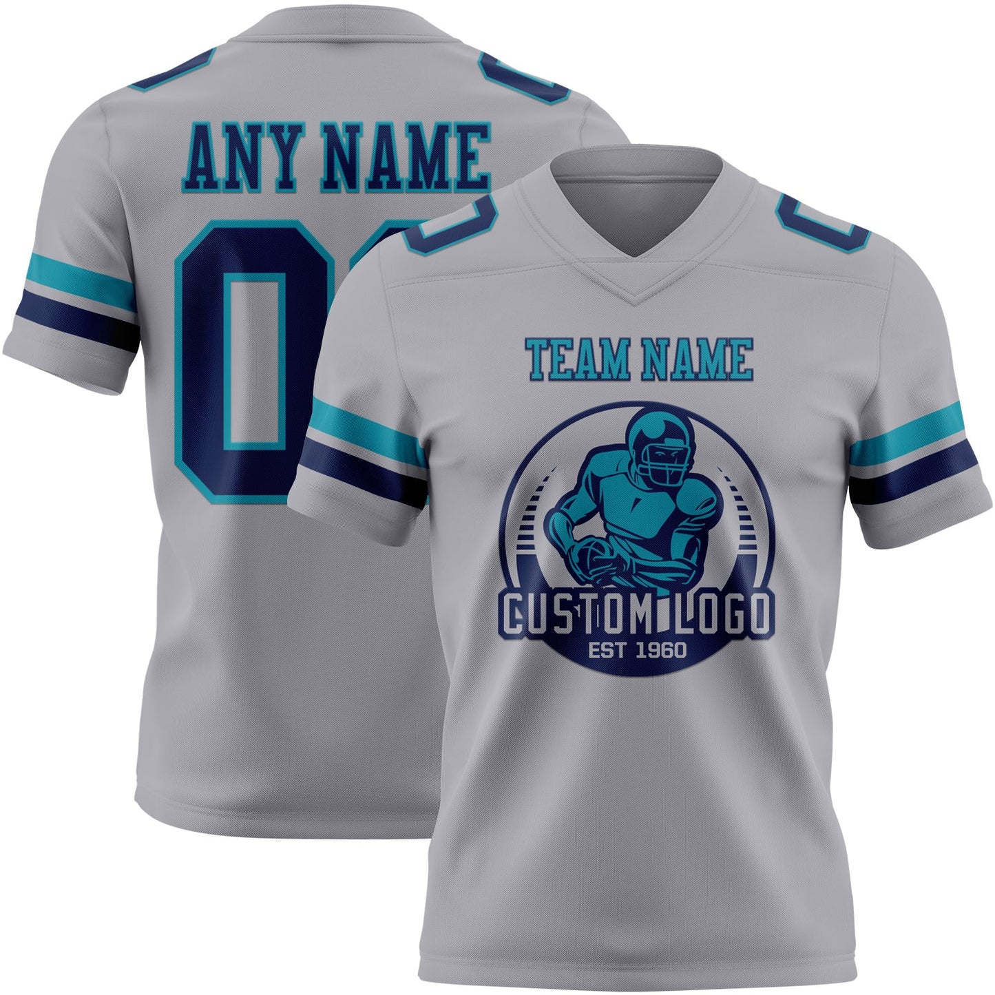 Custom Gray Navy-Teal Authentic Football Jersey view 2