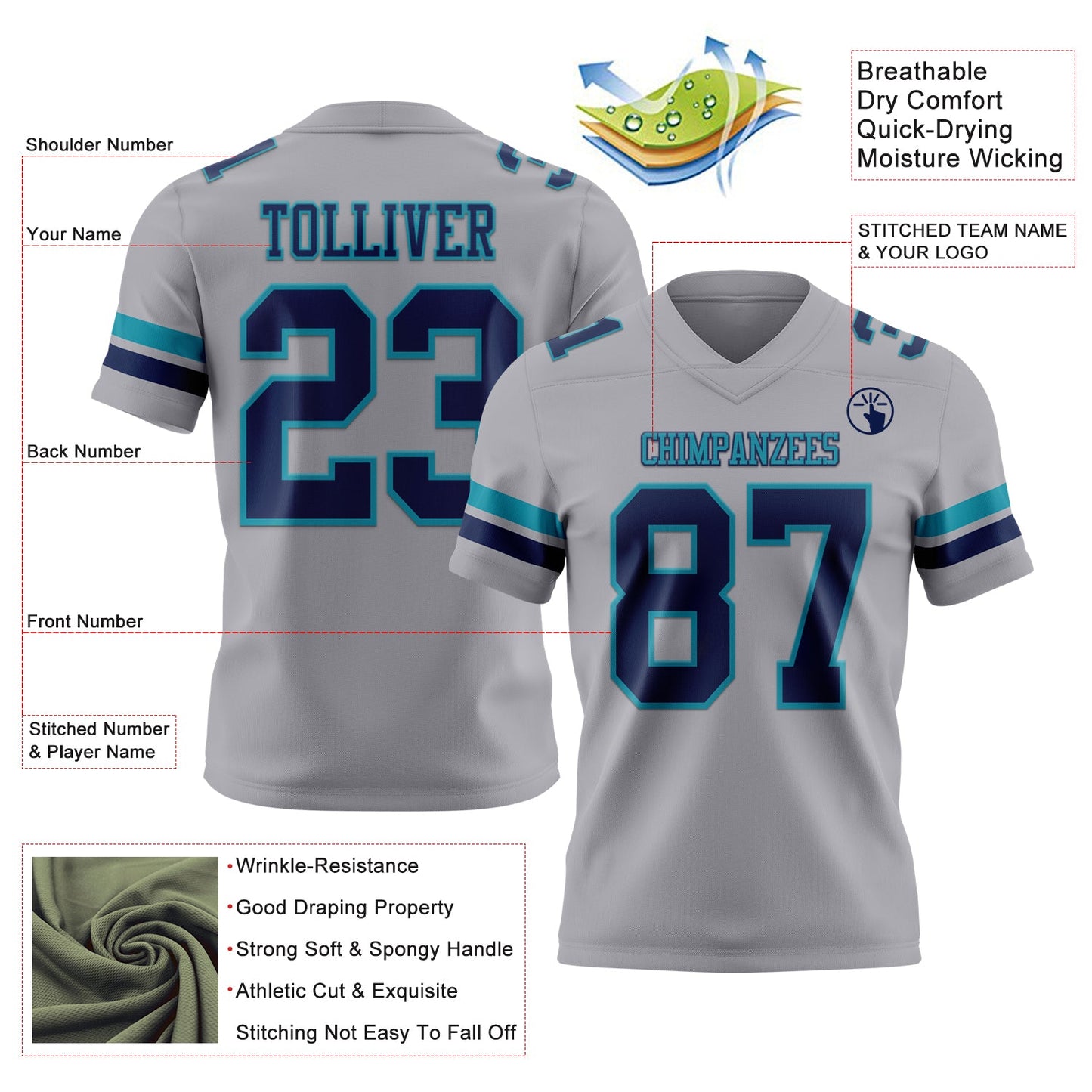 Custom Gray Navy-Teal Authentic Football Jersey view 3