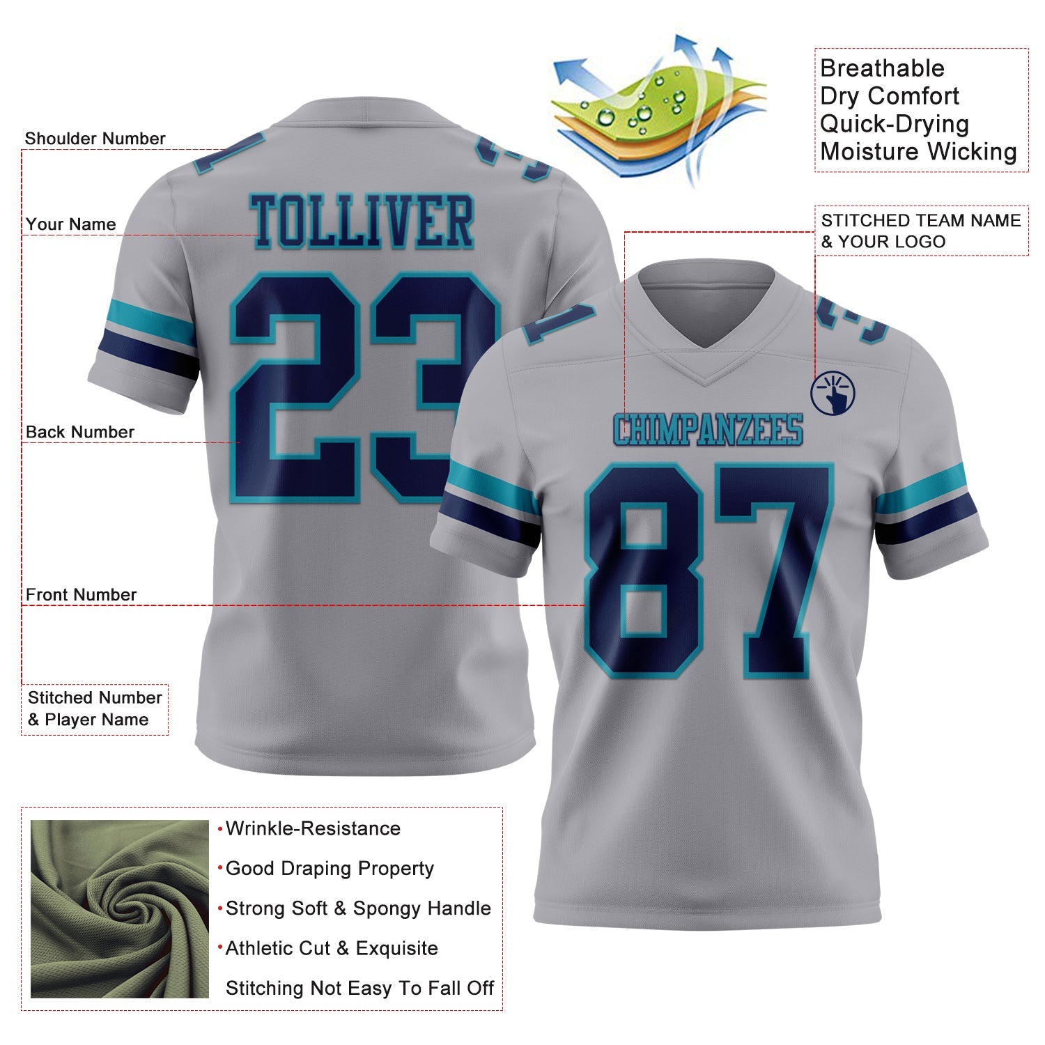 Custom Gray Navy-Teal Authentic Football Jersey view 3