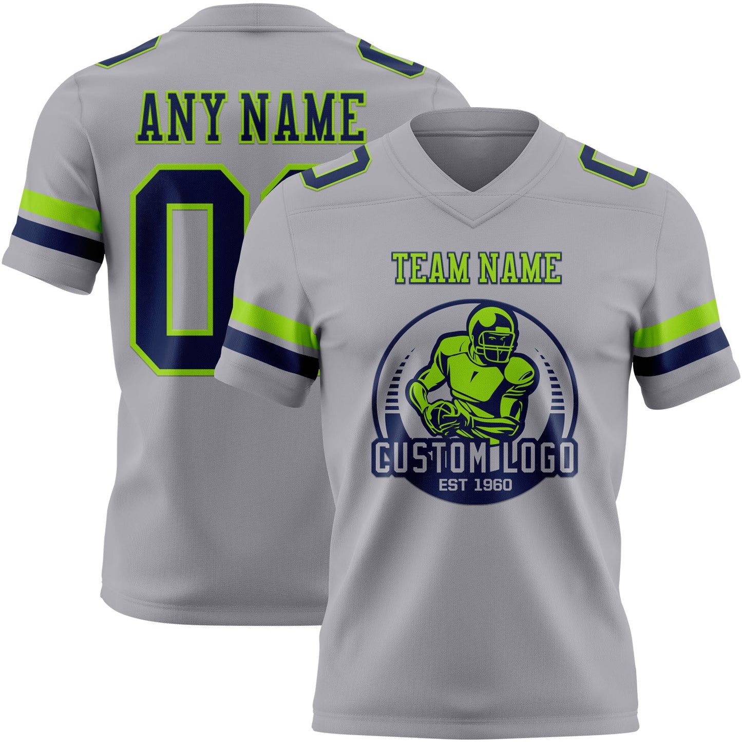 Custom Gray Navy-Neon Green Authentic Football Jersey view 2