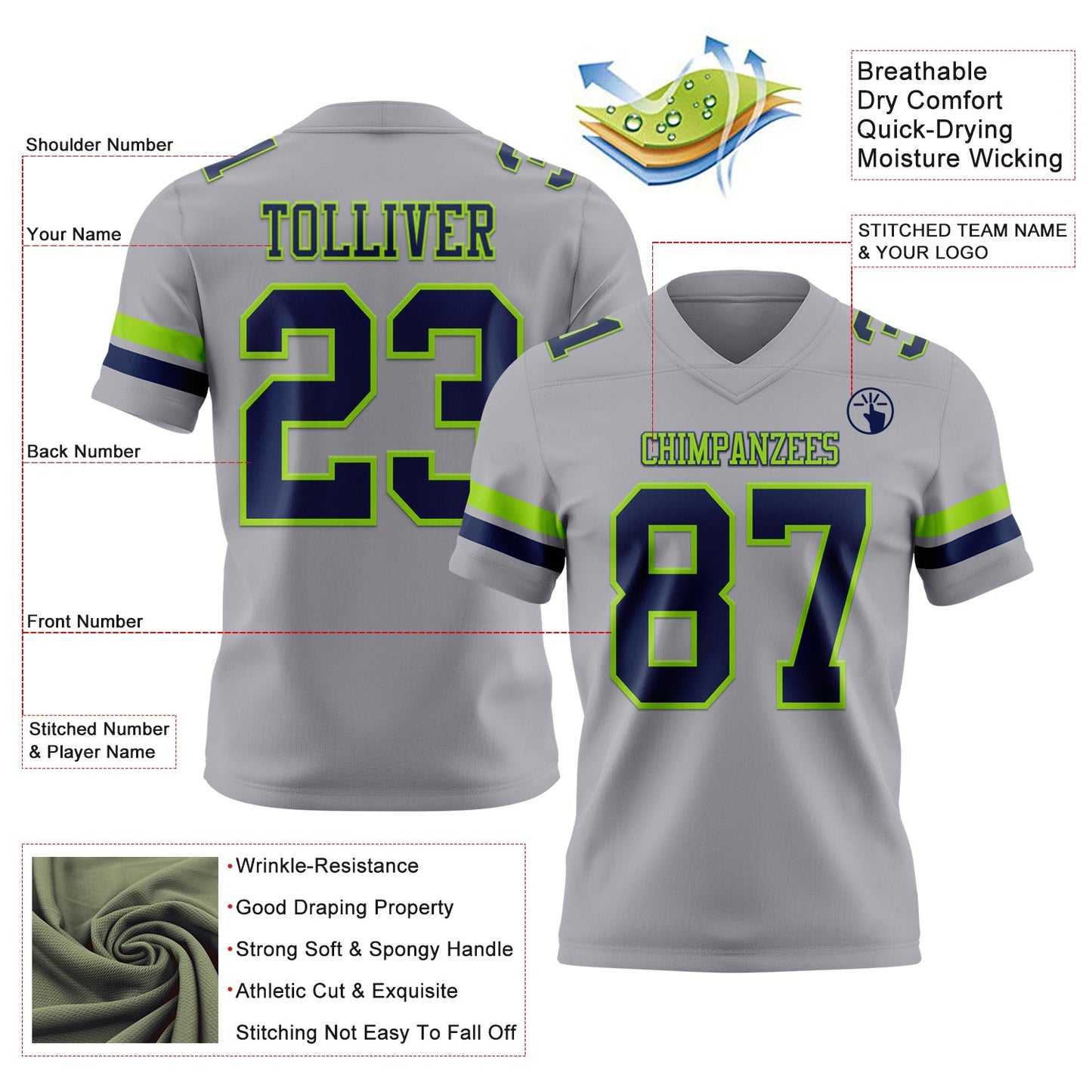 Custom Gray Navy-Neon Green Authentic Football Jersey view 3