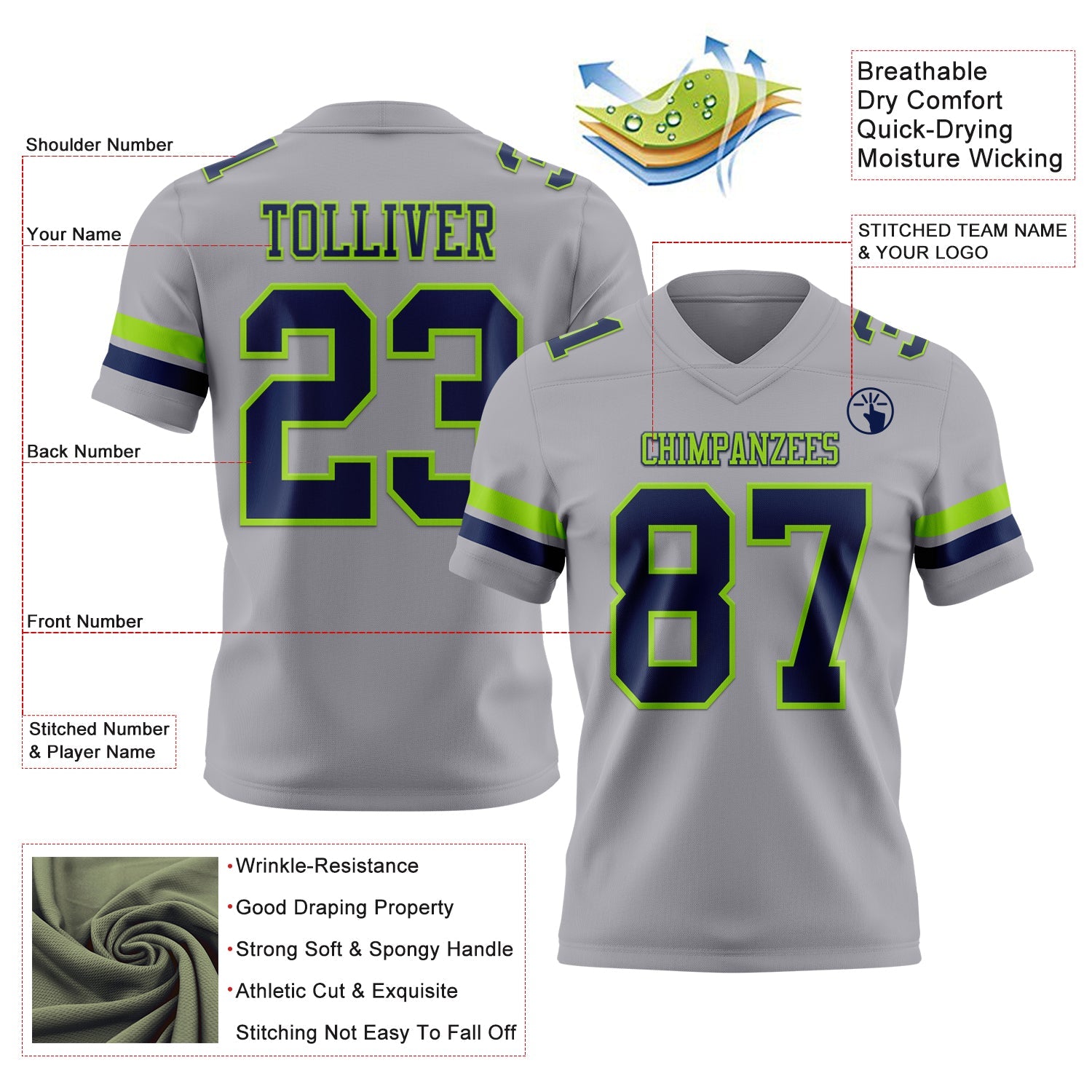 Custom Gray Navy-Neon Green Authentic Football Jersey view 3