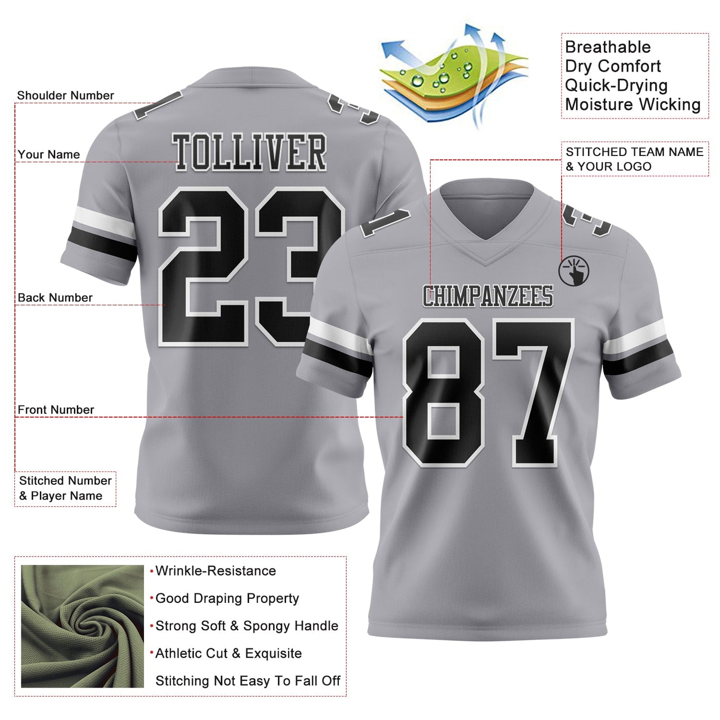 Custom Gray Black-White Authentic Football Jersey view 3