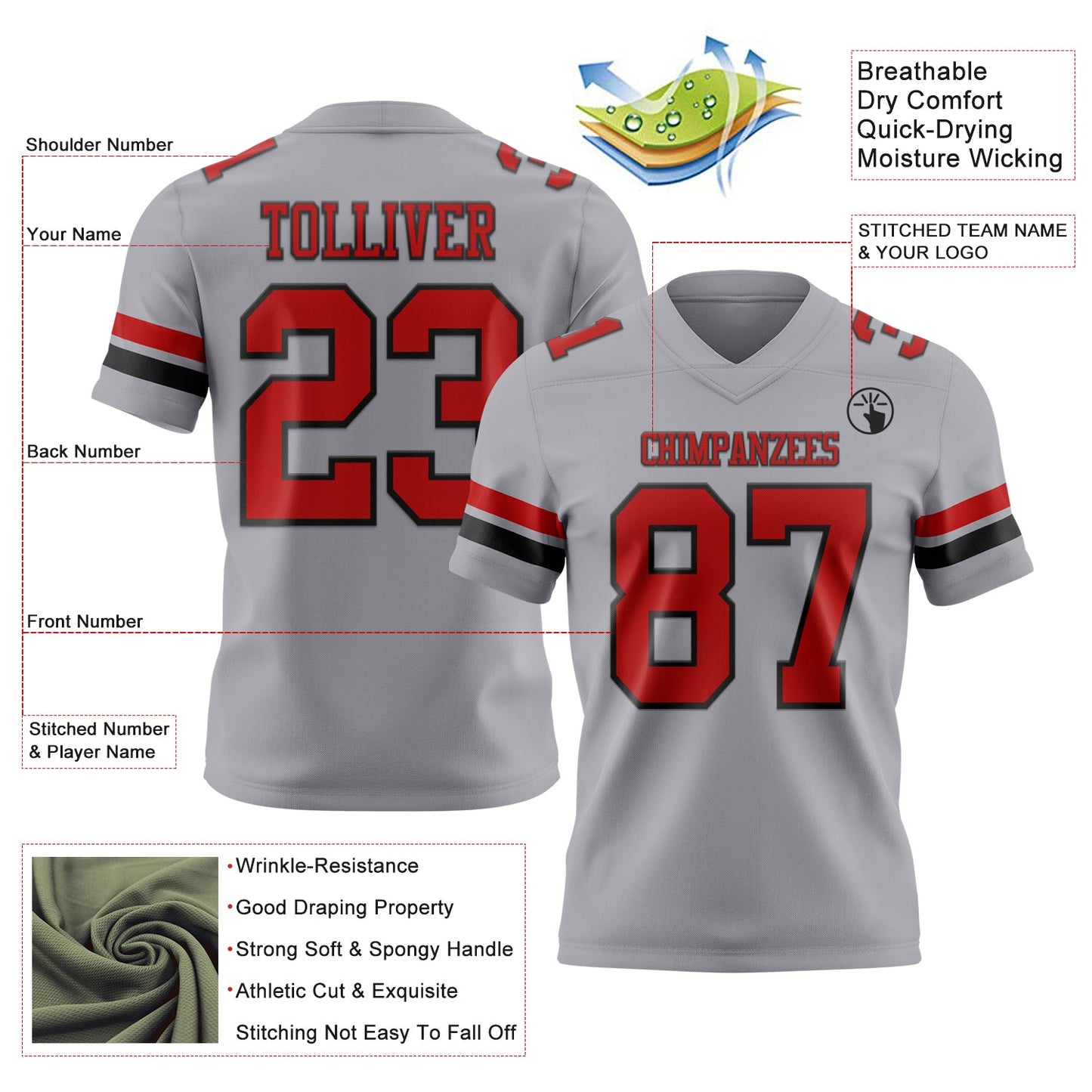 Custom Gray Red-Black Authentic Football Jersey view 3