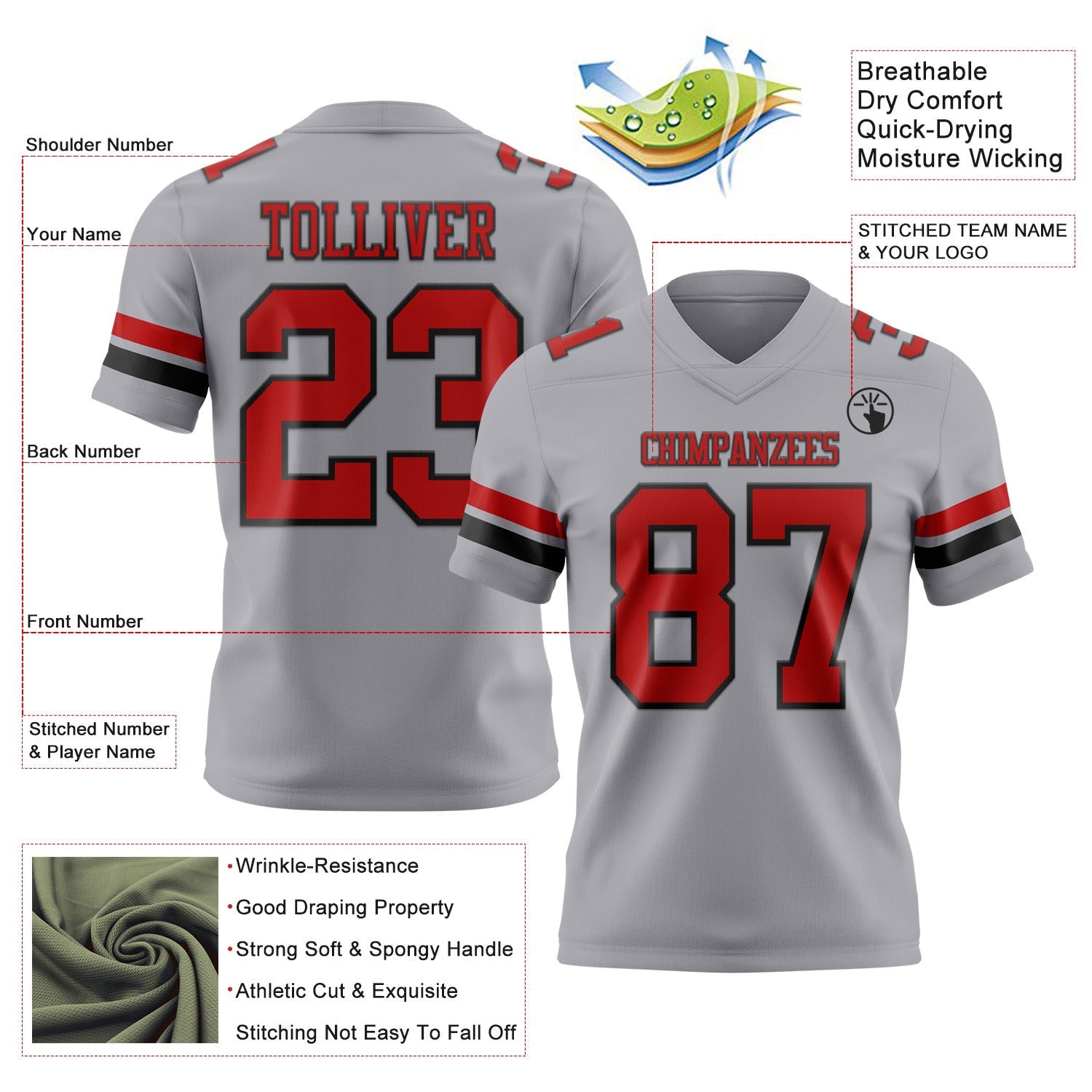 Custom Gray Red-Black Authentic Football Jersey view 3