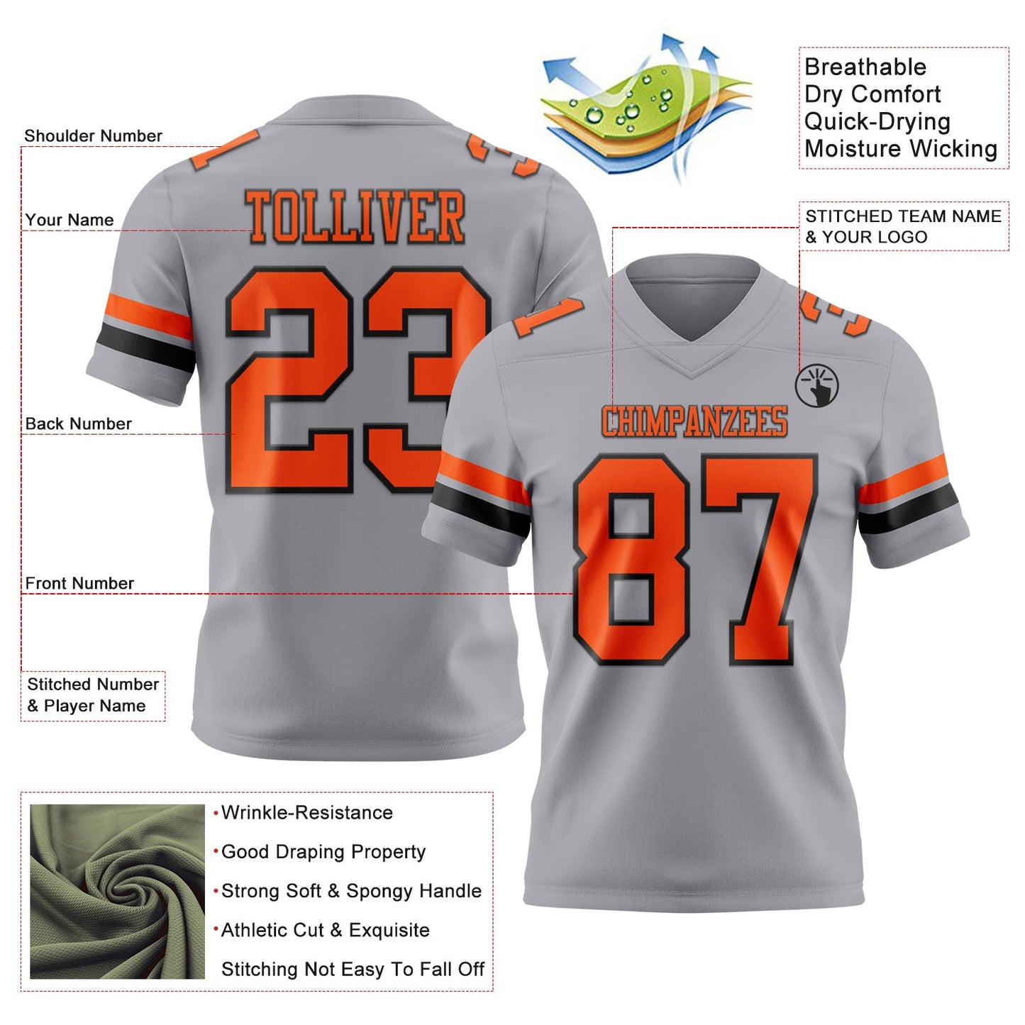 Custom Gray Orange-Black Authentic Football Jersey view 3