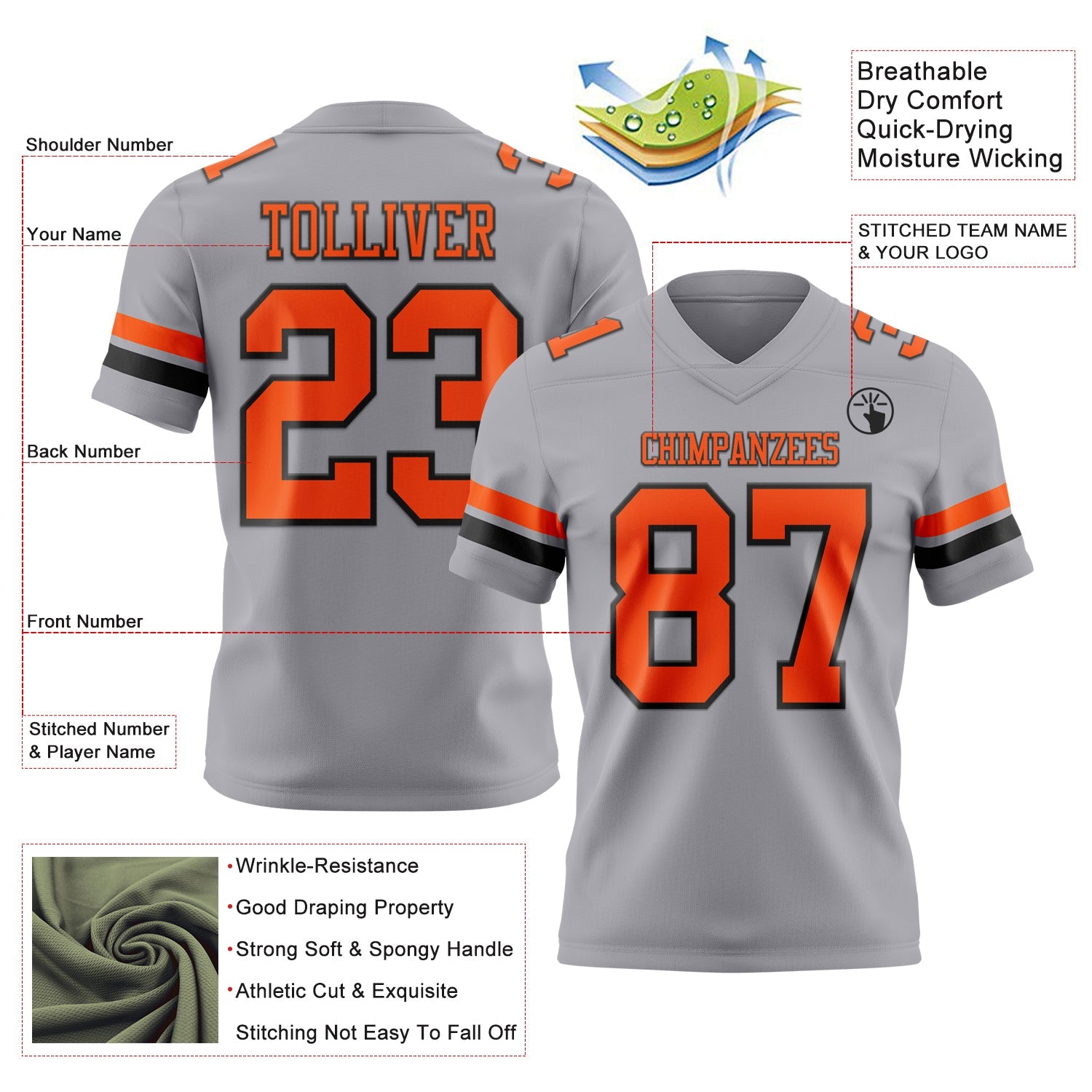 Custom Gray Orange-Black Authentic Football Jersey view 3