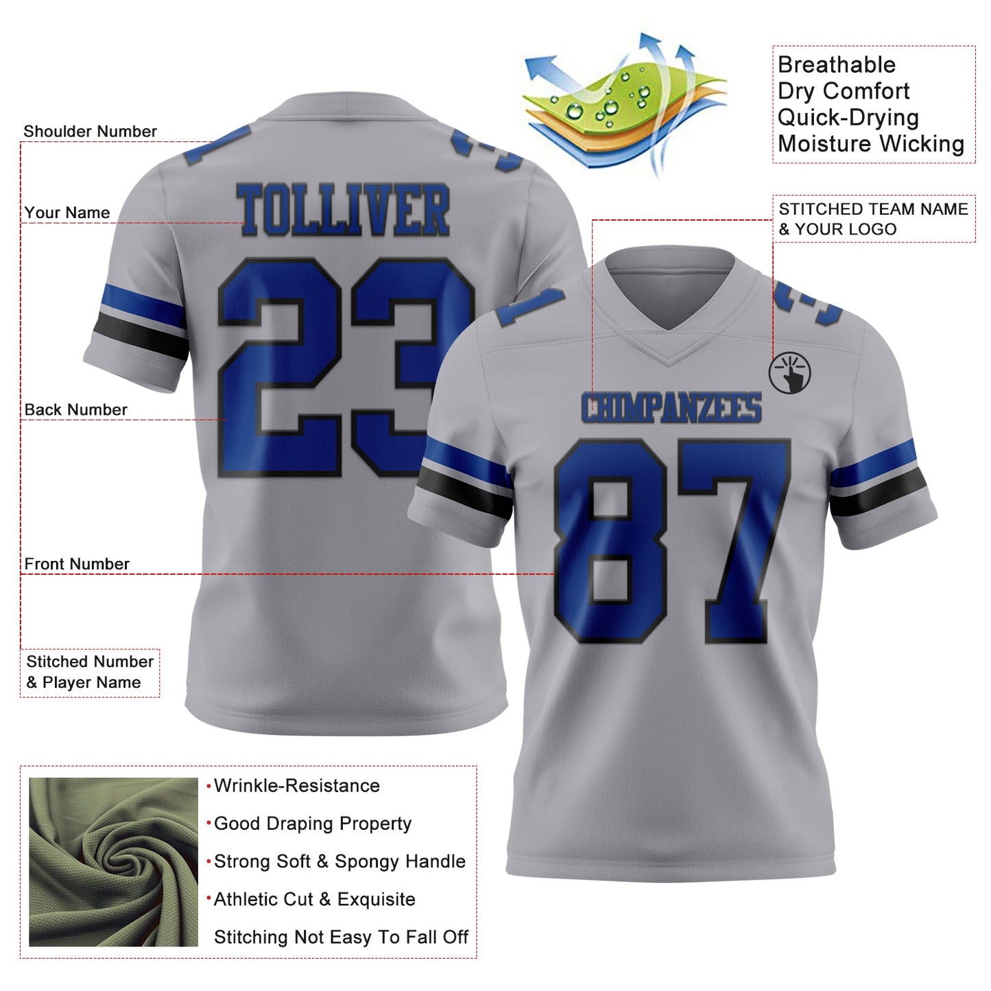 Custom Gray Royal-Black Authentic Football Jersey view 3
