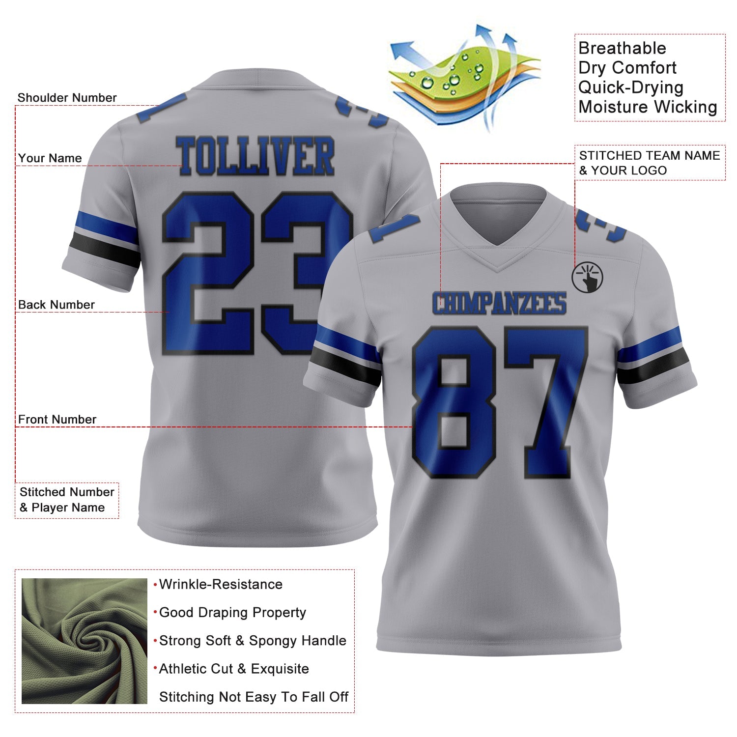 Custom Gray Royal-Black Authentic Football Jersey view 3