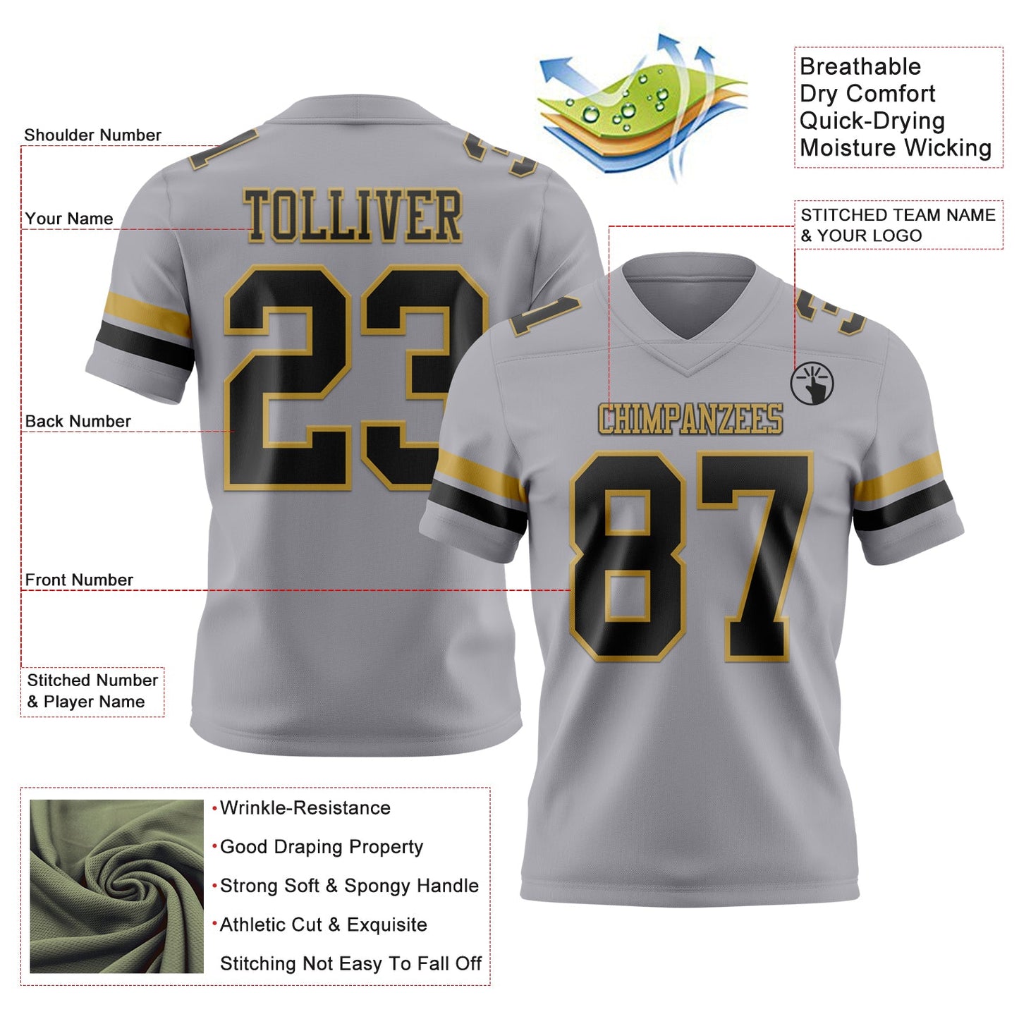 Custom Gray Black-Old Gold Authentic Football Jersey view 3