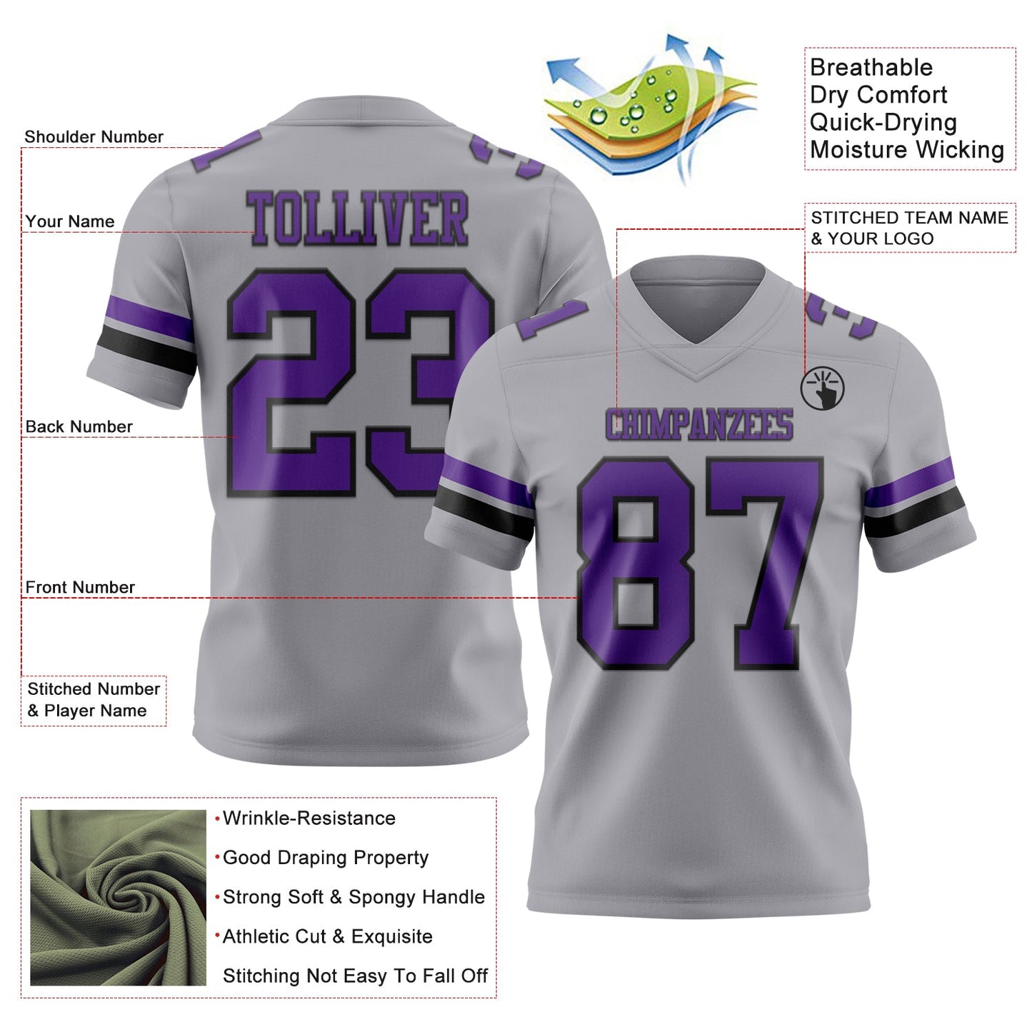 Custom Gray Purple-Black Authentic Football Jersey view 3