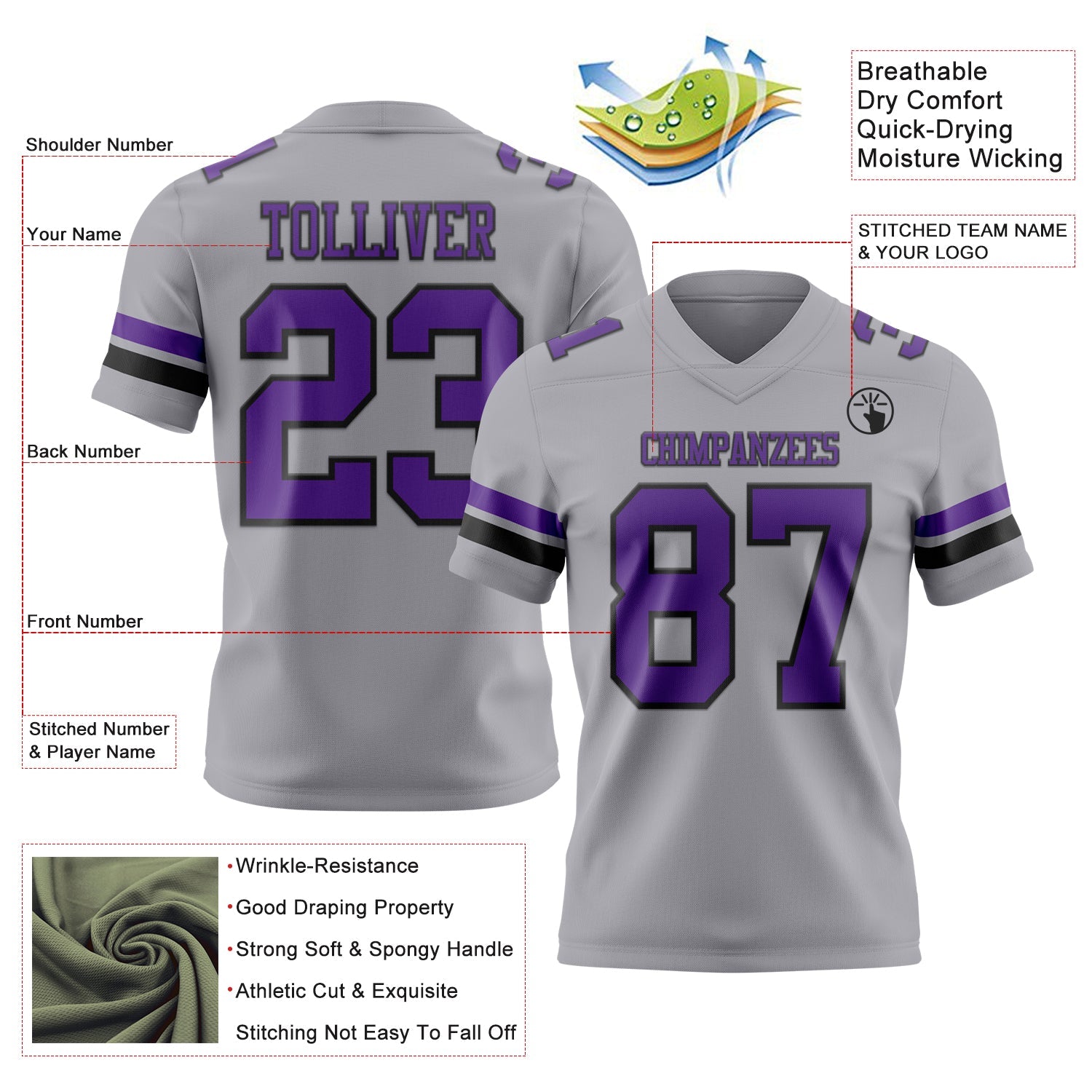 Custom Gray Purple-Black Authentic Football Jersey view 3