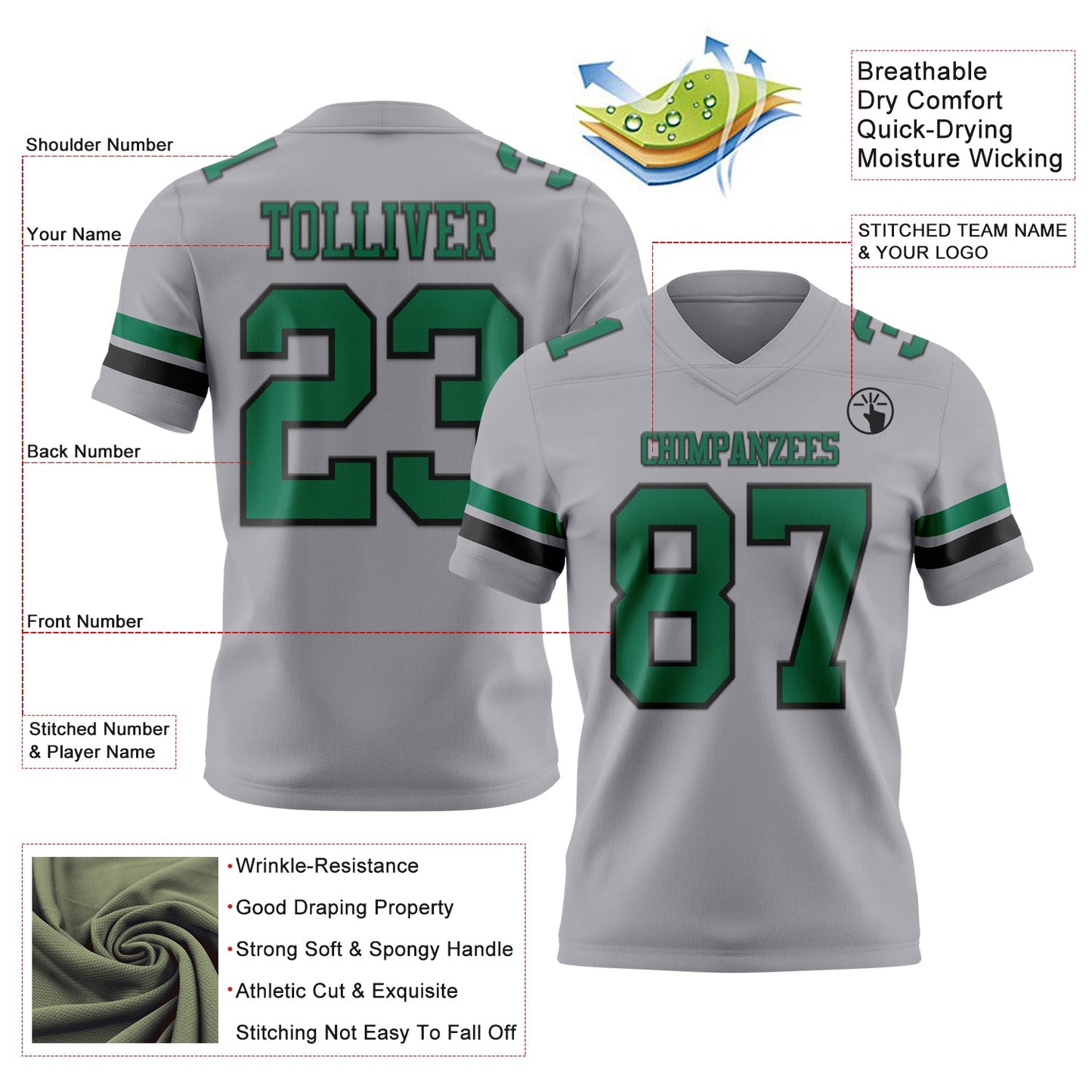 Custom Gray Kelly Green-Black Authentic Football Jersey view 3