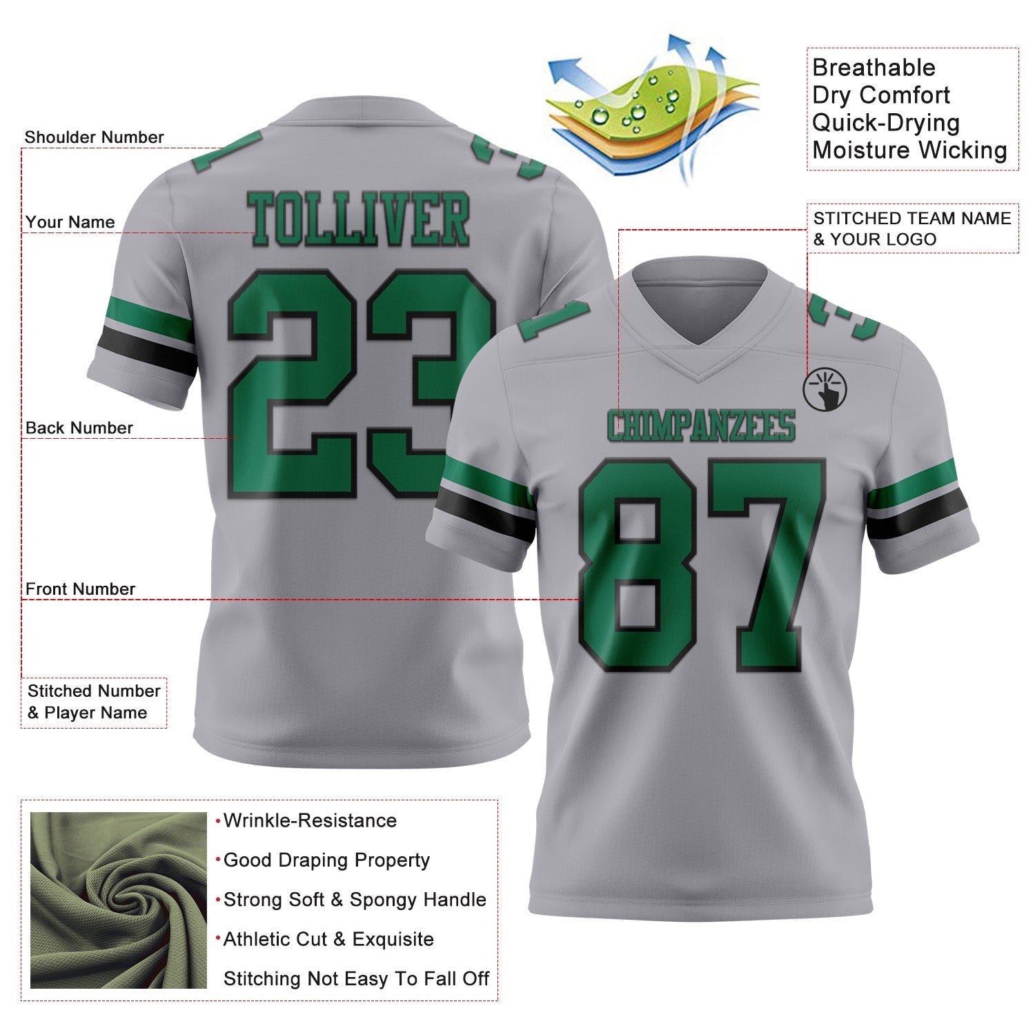 Custom Gray Kelly Green-Black Authentic Football Jersey view 3