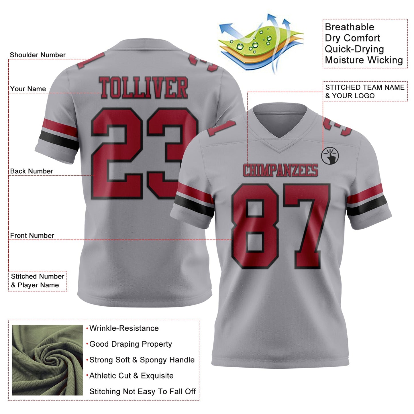 Custom Gray Cardinal-Black Authentic Football Jersey view 3