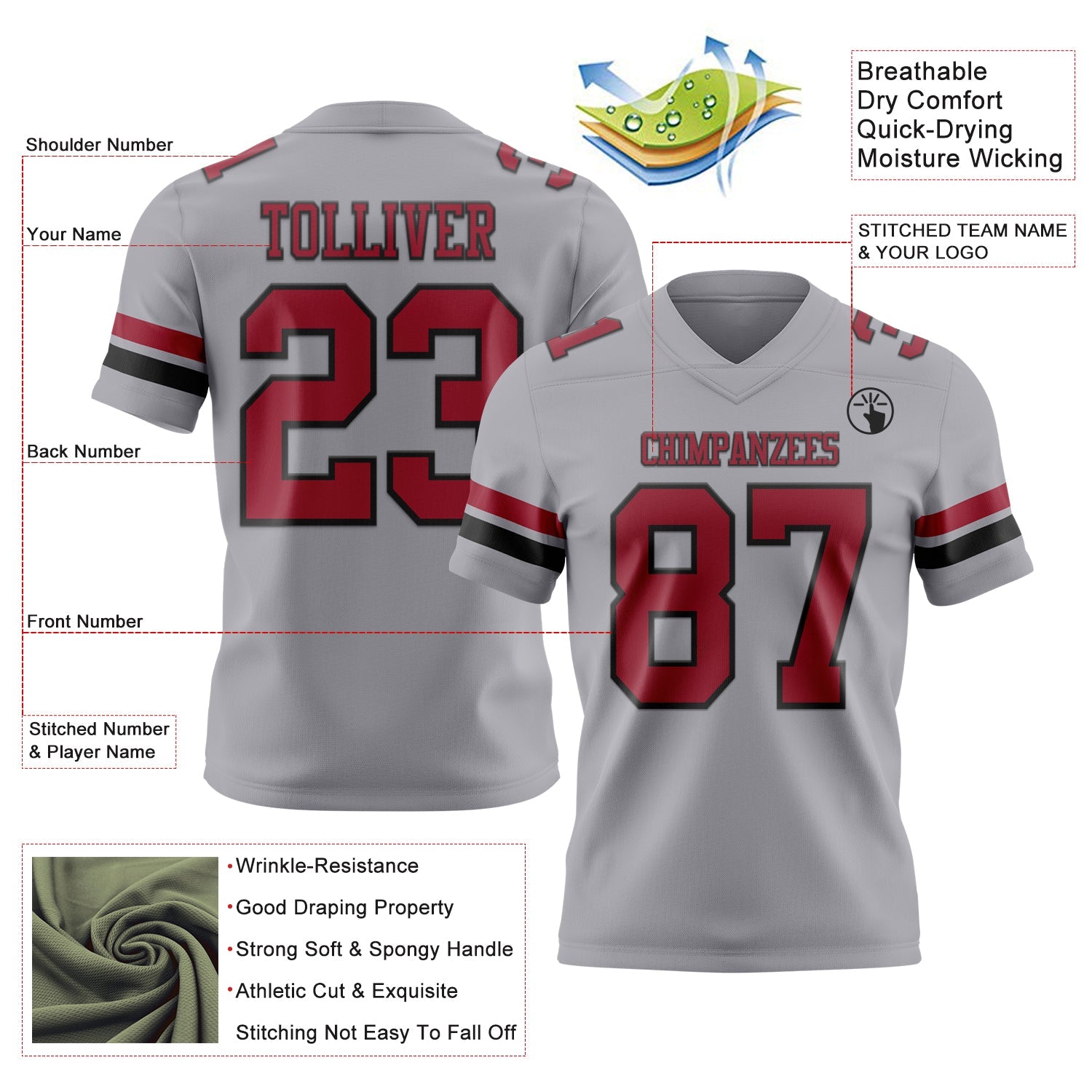 Custom Gray Cardinal-Black Authentic Football Jersey view 3